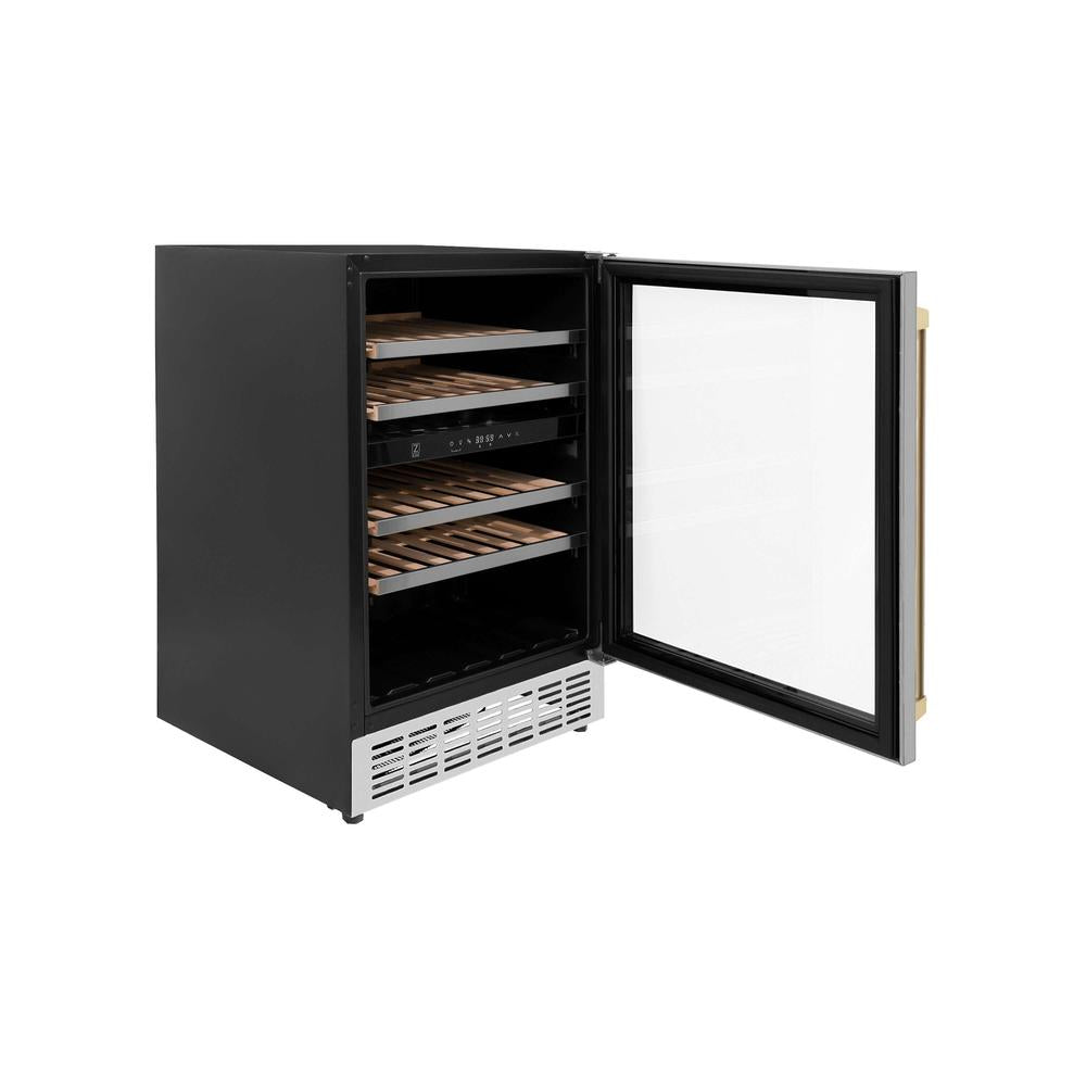 ZLINE Autograph Edition 24 Inch Stainless Steel Dual Zone 44 Bottle Wine Cooler with Champagne Bronze Accents - Perfect for Home Bars, Wine Cellars, and Entertaining Guests (RWVZ UD 24 CB)