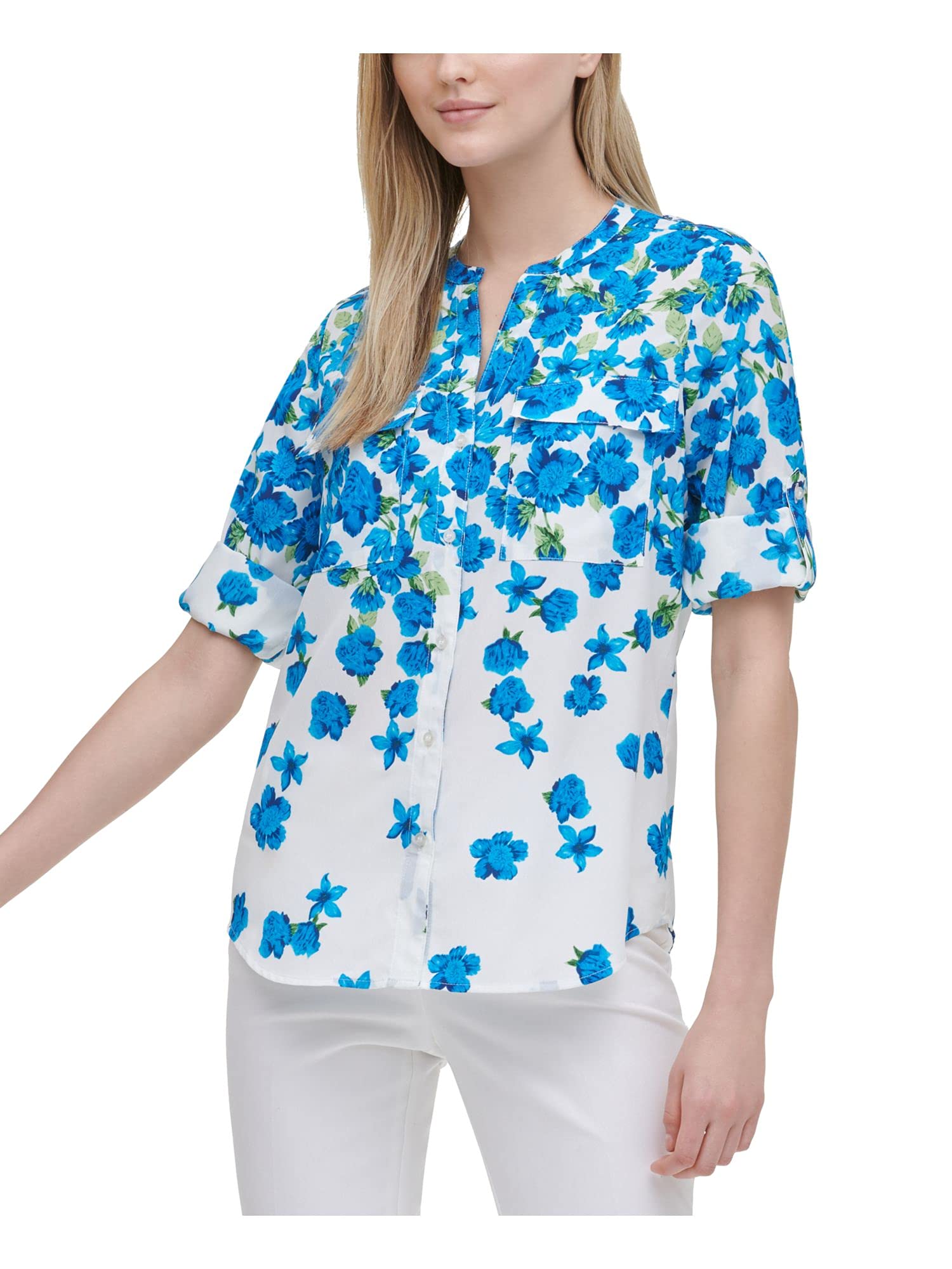 Calvin Klein Women's V-Neck Roll Sleeve Top - Soft Stretch Casual Blouse for Work & Everyday Wear | Perfect for Office, Date Night & Weekend Outfits