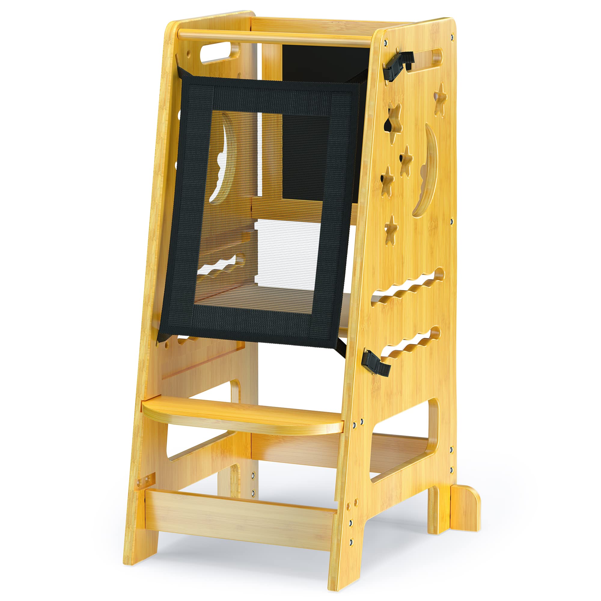 TOETOL Adjustable Height Kids Kitchen Step Stool - Bamboo Toddler Standing Tower Helper with Black & White Activity Board | Safe Learning Stool for Cooking, Baking & Playtime