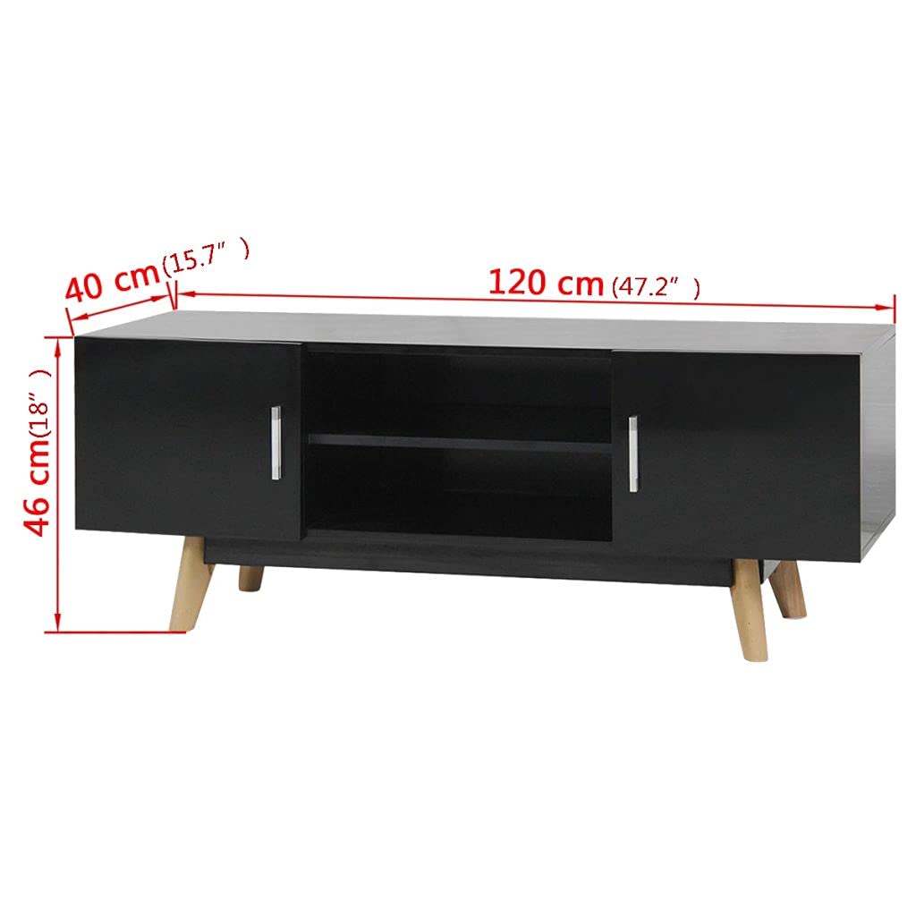 Modern High Gloss TV Stand for TVs up to 50 Inch - Black MDF Media Console with Storage (47.2