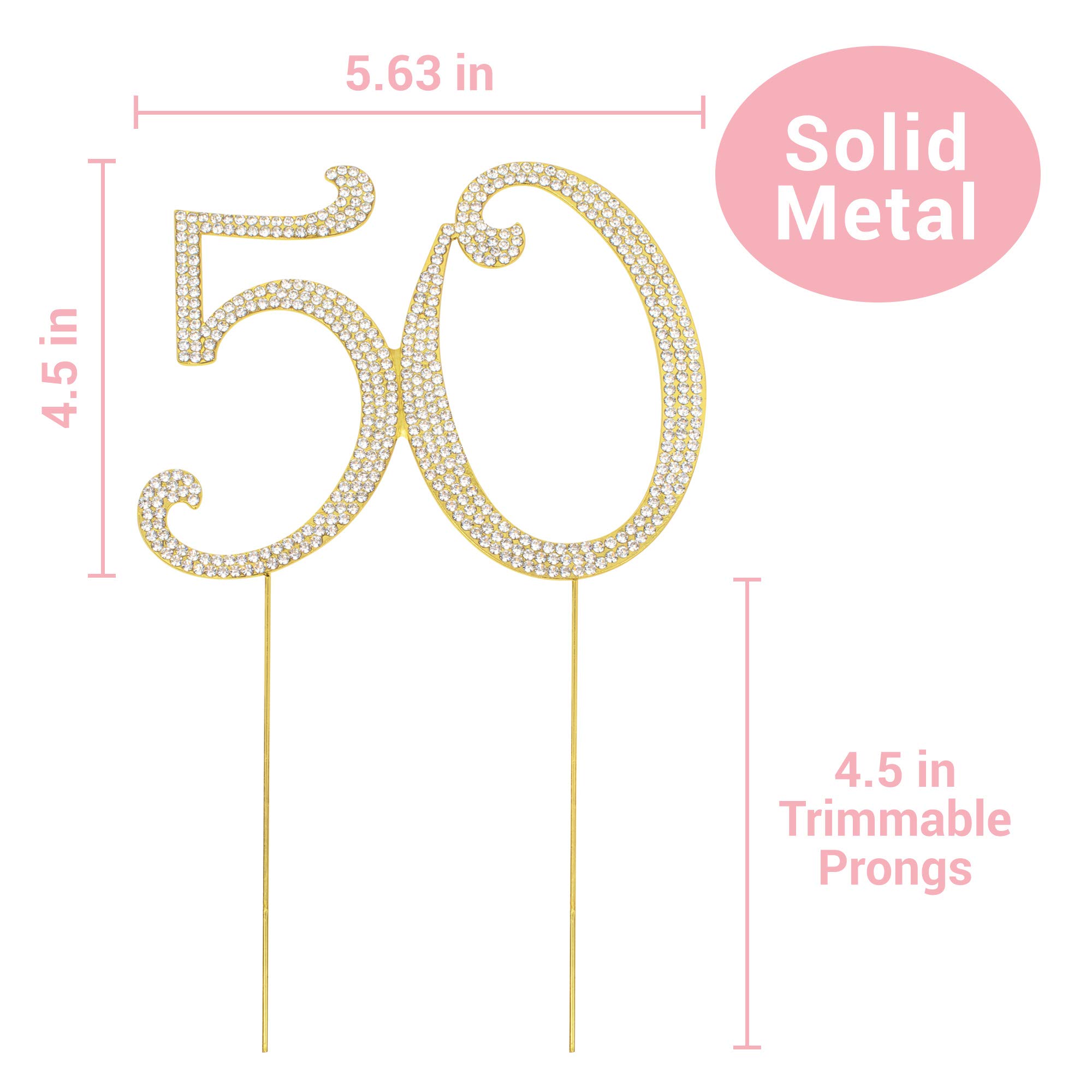 50th Birthday Cake Topper - Premium Gold Metal with Sparkly Rhinestones - Elegant Golden Anniversary Party Decoration & Centerpiece - Comes in Protective Box - Perfect for Milestone Celebrations & Wedding Anniversaries