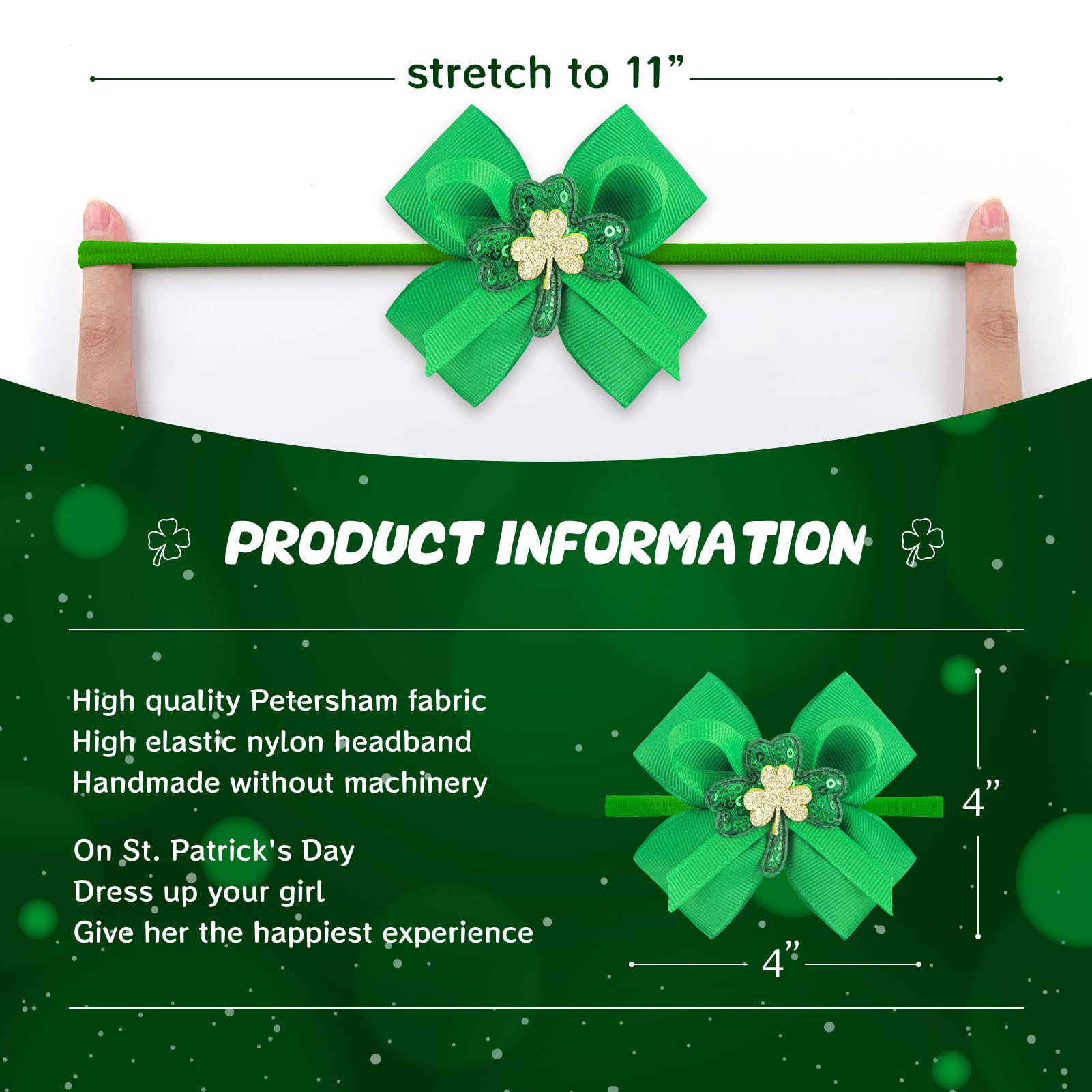 St. Patrick's Day Baby Bows - Green Shamrock Headbands with Golden Sequin Bows | Elastic Hair Accessories for Girls, Infants, Toddlers & Newborns | Perfect for St. Patrick's Day Outfits, Photo Shoots & Holiday Celebrations