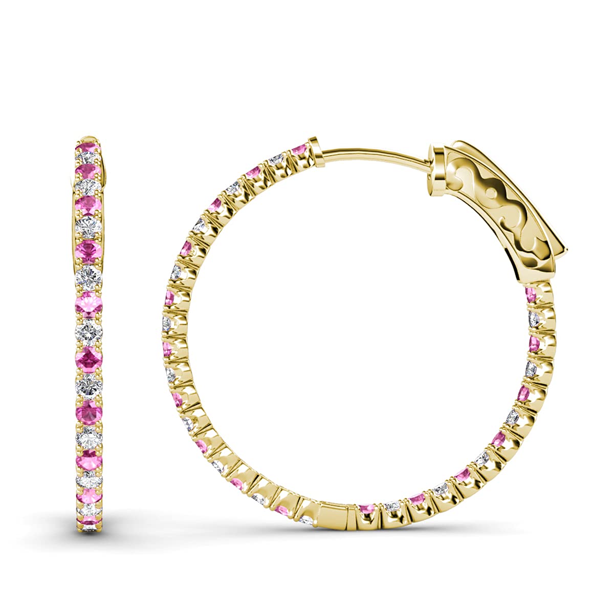 14K Yellow Gold Pink Sapphire & Natural Diamond Inside-Out Hoop Earrings 2.77 ctw - Elegant Jewelry for Weddings, Parties & Special Occasions