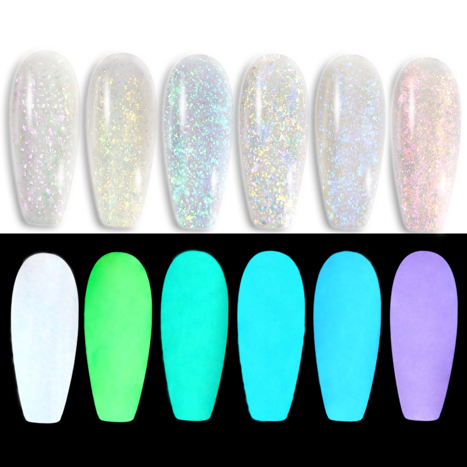 Glow in The Dark Opal Gel Nail Polish Set - 6 Color Changing Semi Clear Nail Polish with Top Coat (GP015) for UV/LED Manicure, Nail Art Designs & Party Nails