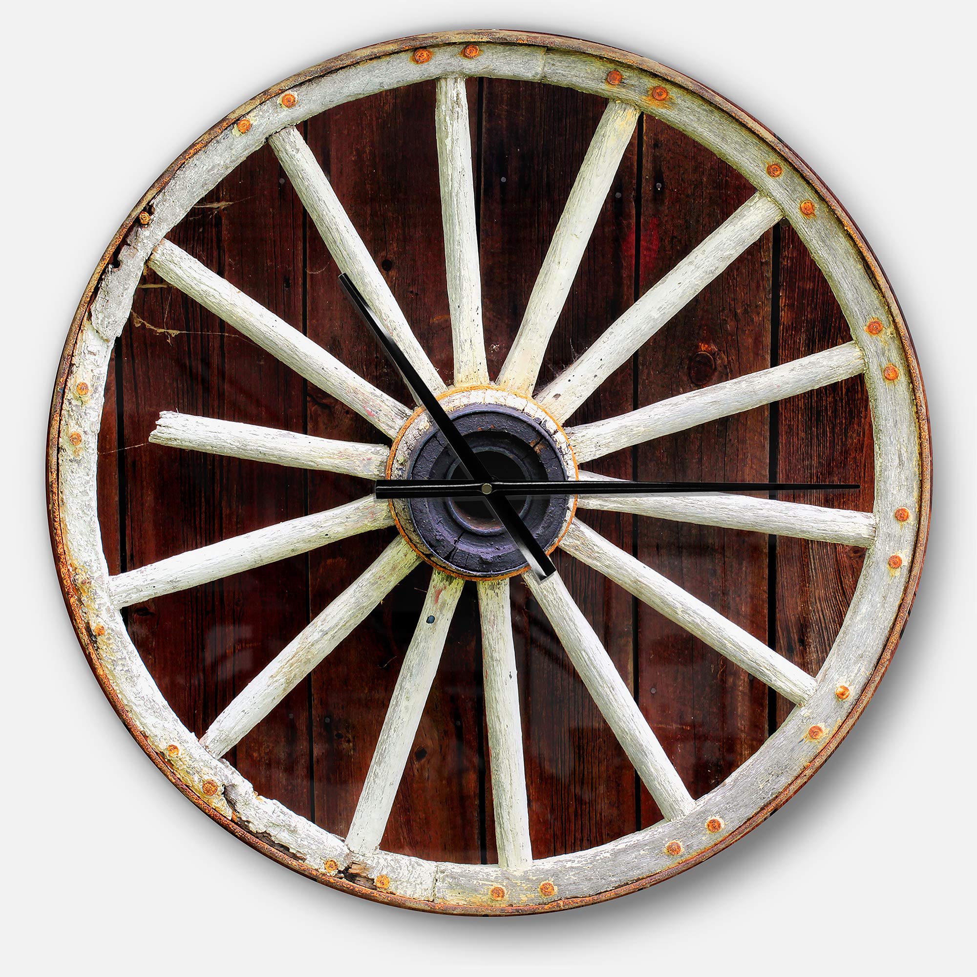 Designart Country Wagon Wheel Wooden Wall Clock - Farmhouse Circle Wall Decor for Living Room, Bedroom, Office | Rustic Metal Round Clock for Home Decor (Perfect for Farmhouse, Cottage & Western Style Interiors)