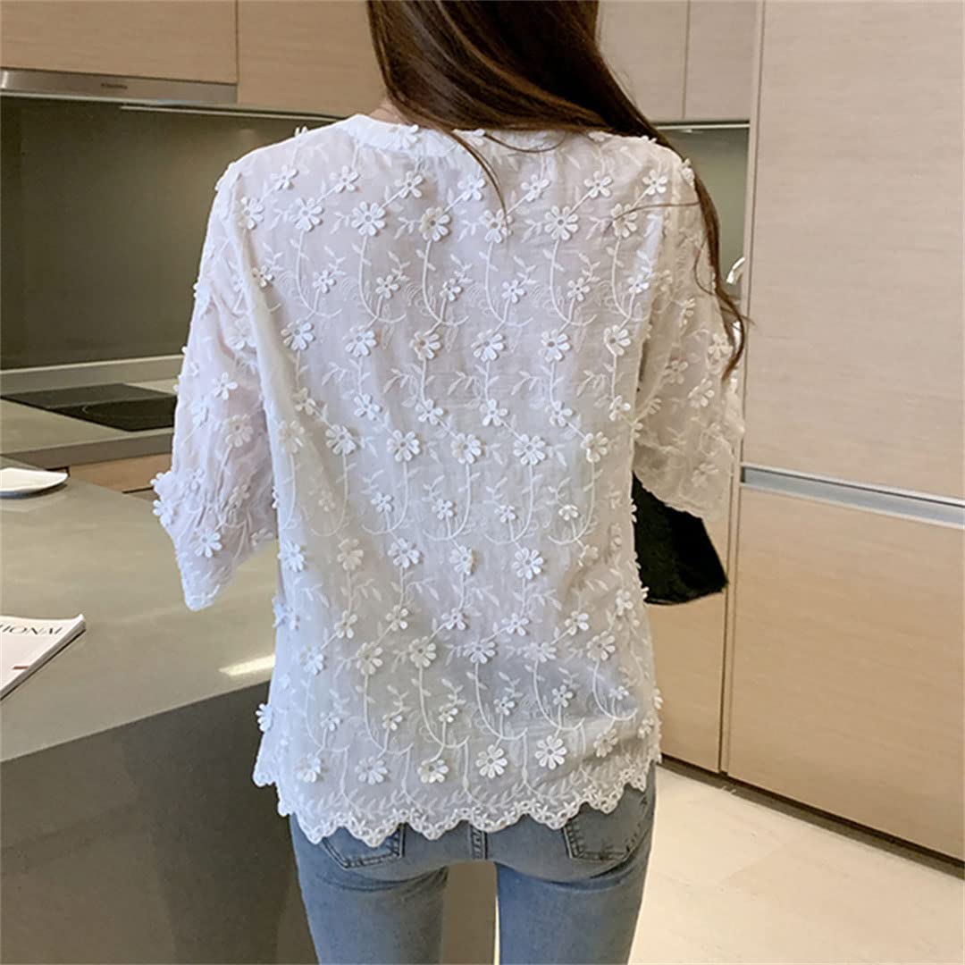 Women's Crochet V-Neck 3/4 Sleeve Boho Blouse with 3D Floral Embroidery - Loose Casual Tunic Top in White - Perfect for Beach Outings, Summer Vacations & Boho Chic Style