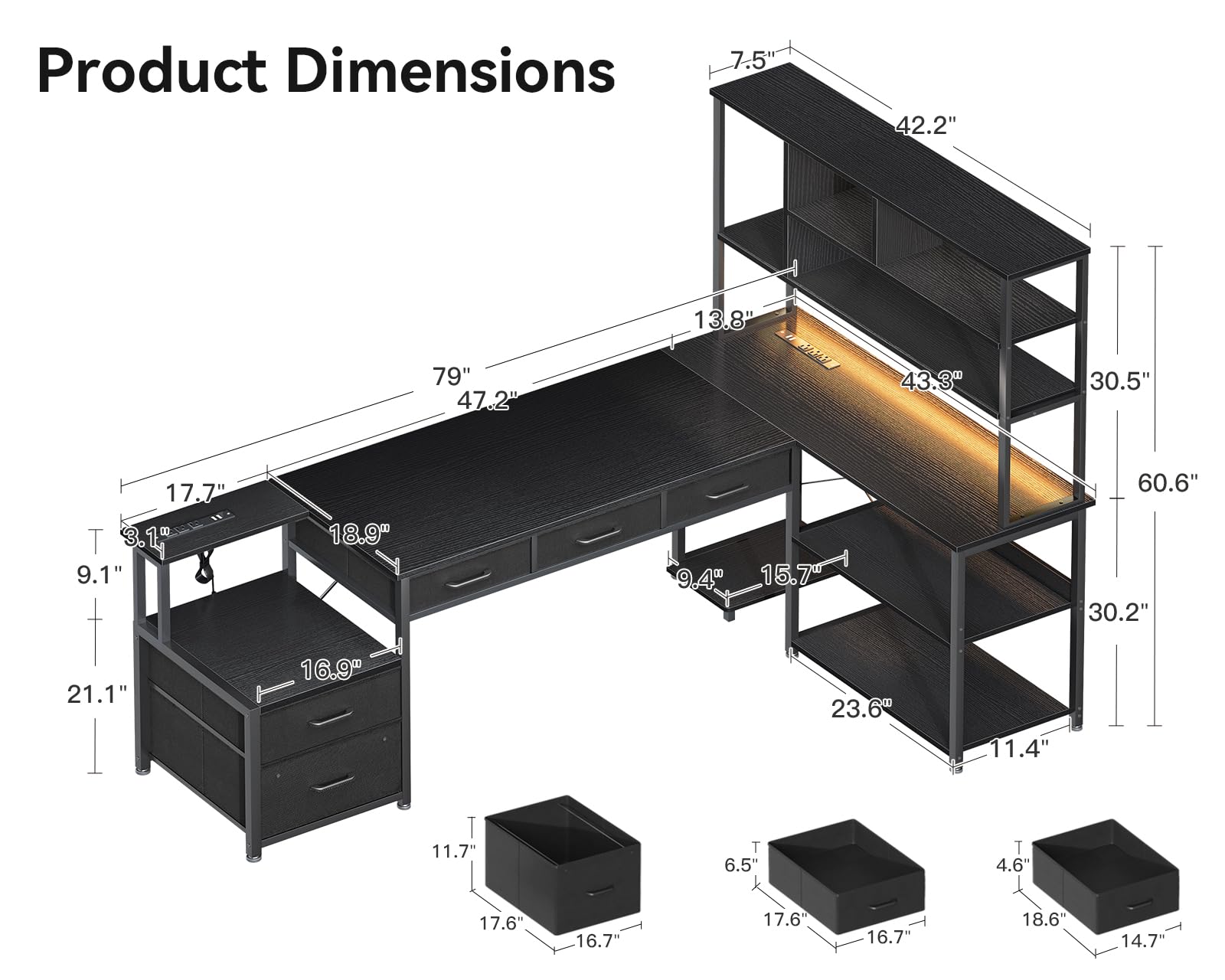 AODK 79 Inch Black L-Shaped Gaming Desk with Power Outlets, LED Lights & Storage Shelves - Reversible Computer Desk with File Drawers for Home Office & Gaming Setup - Perfect for Small Spaces, Streaming & Work From Home