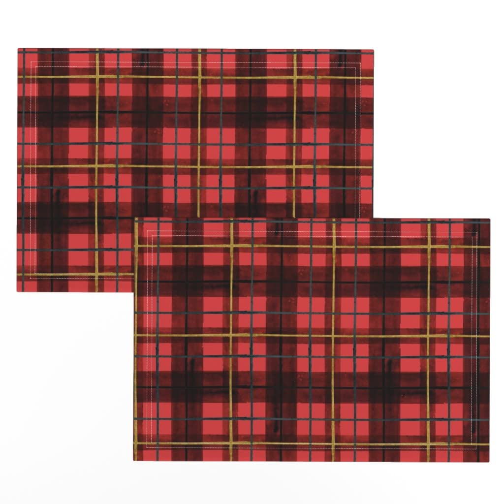 Premium Linen Cotton Canvas Placemats Set of 2 - Red Tartan Plaid Holiday Christmas Vintage Style Festive Print Table Mats for Dining, Parties & Home Decor