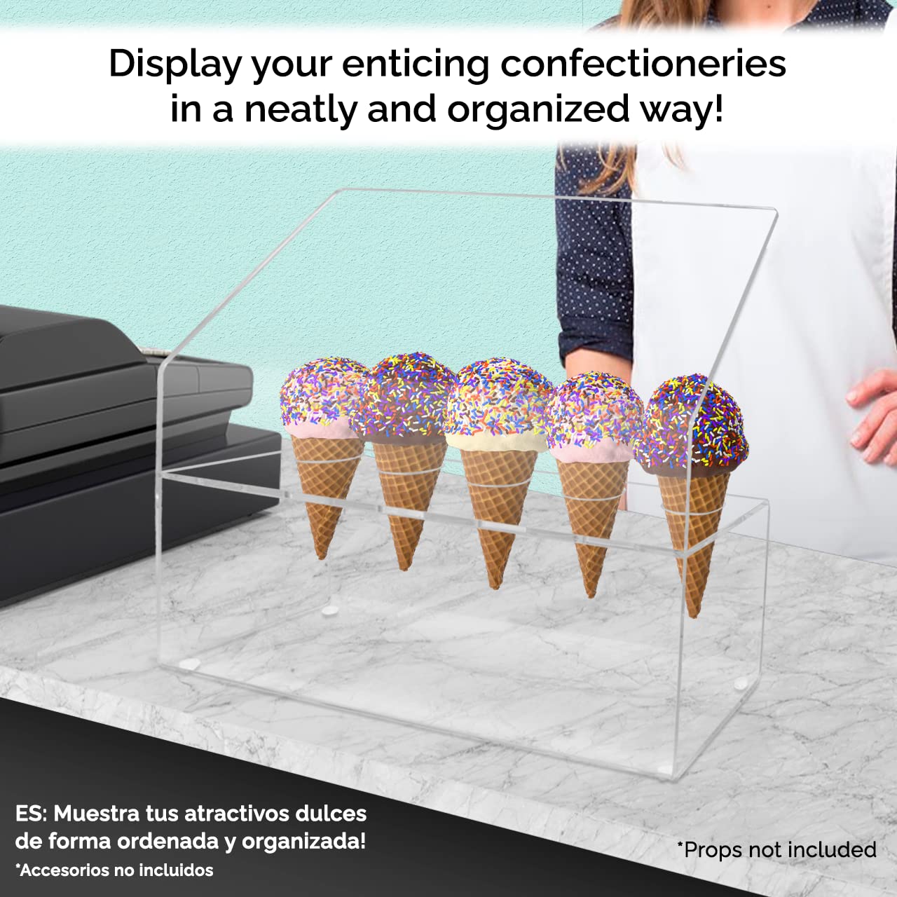4 Pack Clear Acrylic Ice Cream Cone Holder - 5 Slot Countertop Dessert Display with Slanted Sneeze Guard for Parties, Weddings, Catering Events - Perfect for Ice Cream Shops, Bakeries and Buffet Stations