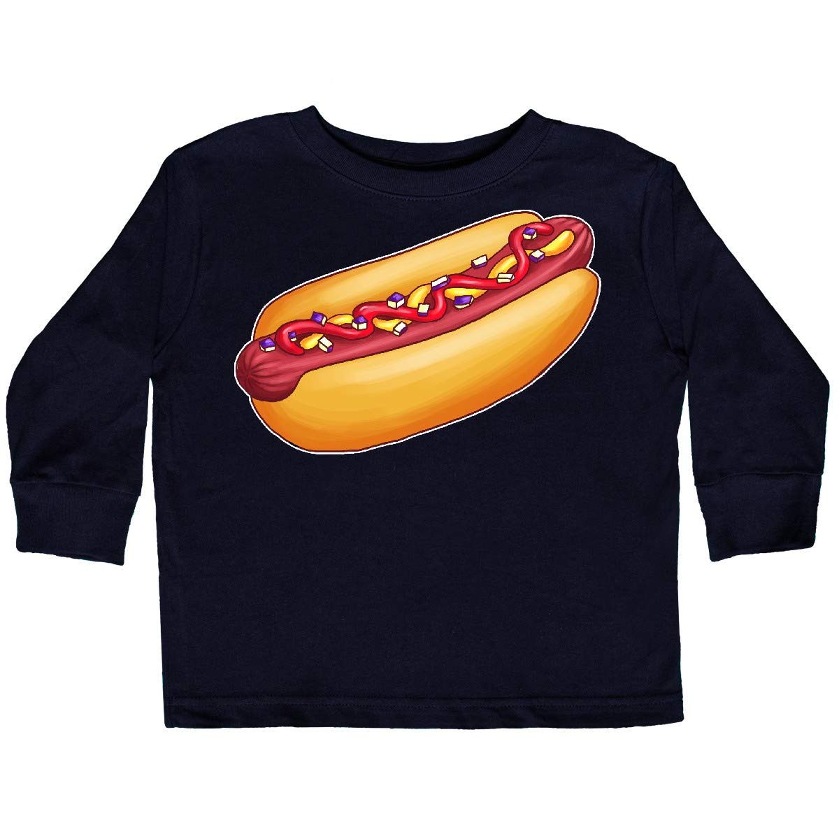 Inktastic Hot Dog Illustration with Mustard Onions Toddler Long Sleeve T-Shirt - Cute Graphic Tee for Boys & Girls - Comfortable Cotton Kids Shirt for Playdates, Daycare & Family Outings