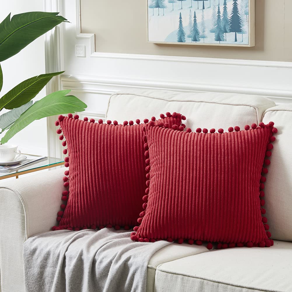 2 Pack Christmas Burgundy Decorative Throw Pillow Covers 18x18 Inch (45x45 cm) - Soft Corduroy Square Cushion Cases with Pom Poms for Couch, Bed & Living Room - Festive Holiday Home Decor for Xmas Tree & Fireplace Settings
