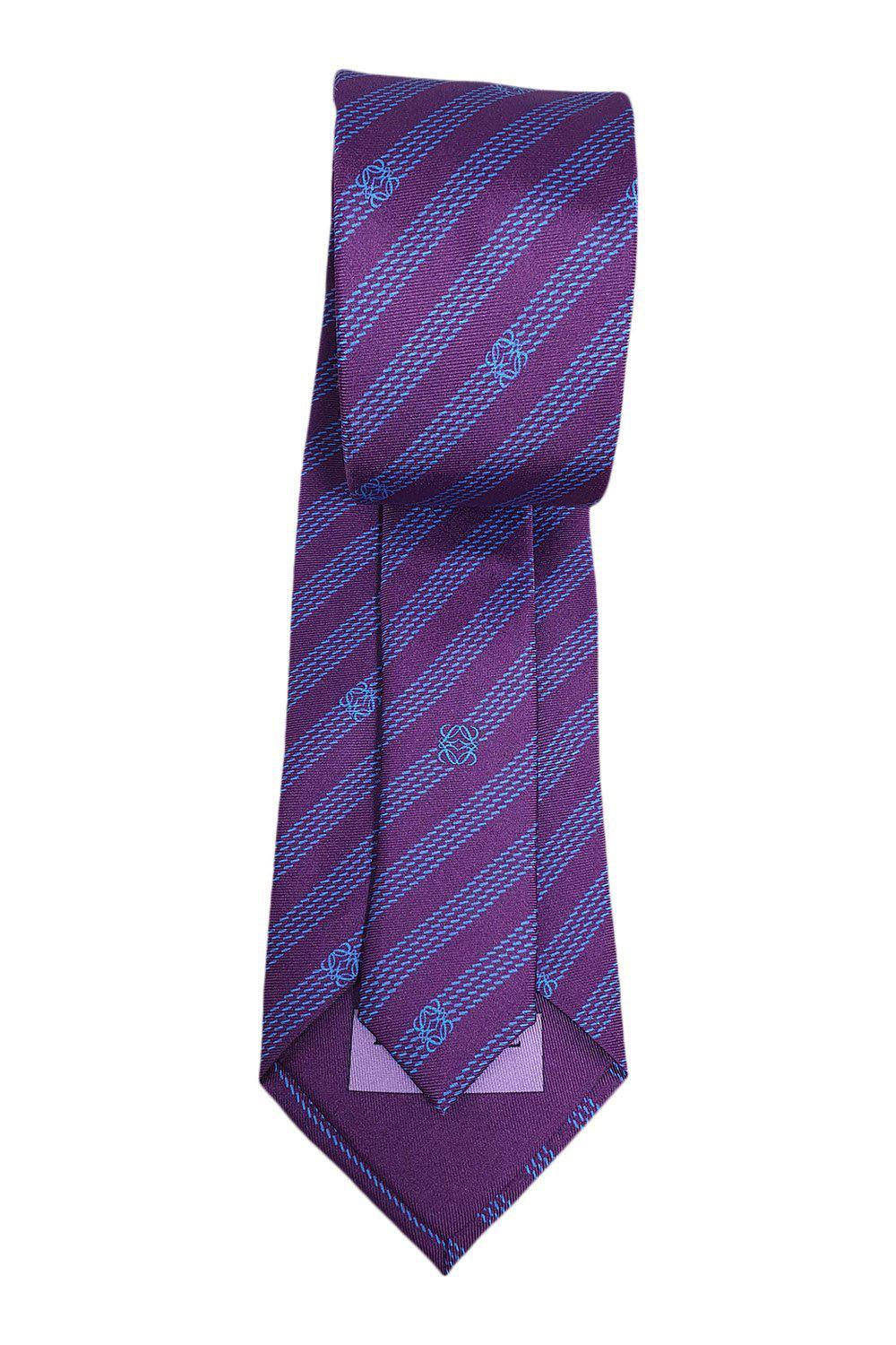 LOEWE 100% Silk Purple Tie with Blue Pinstripe and Logo Repeat - 60