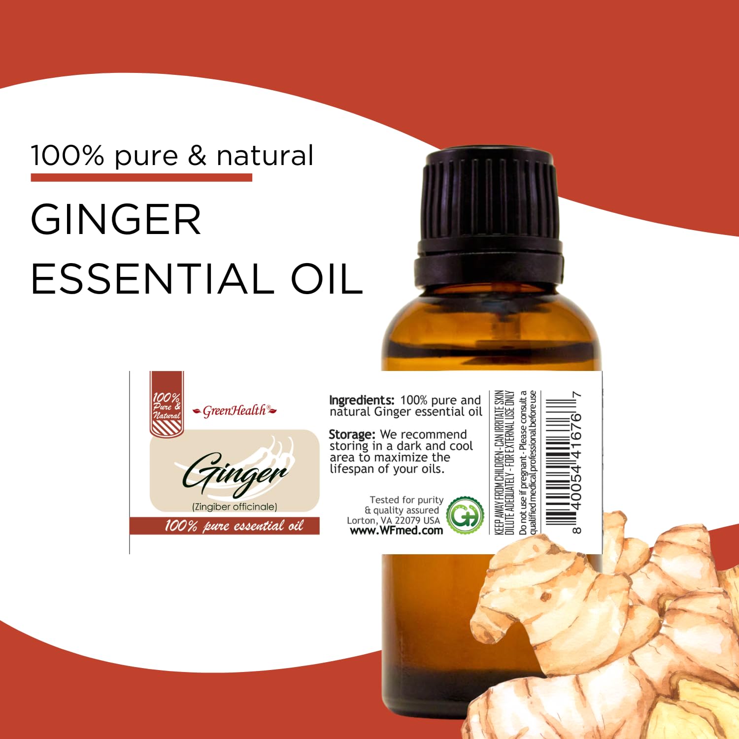 100% Pure Ginger Essential Oil - 2 fl oz (59 ml) Glass Bottle with Cap - Aromatherapy, Massage & DIY Skincare - GreenHealth