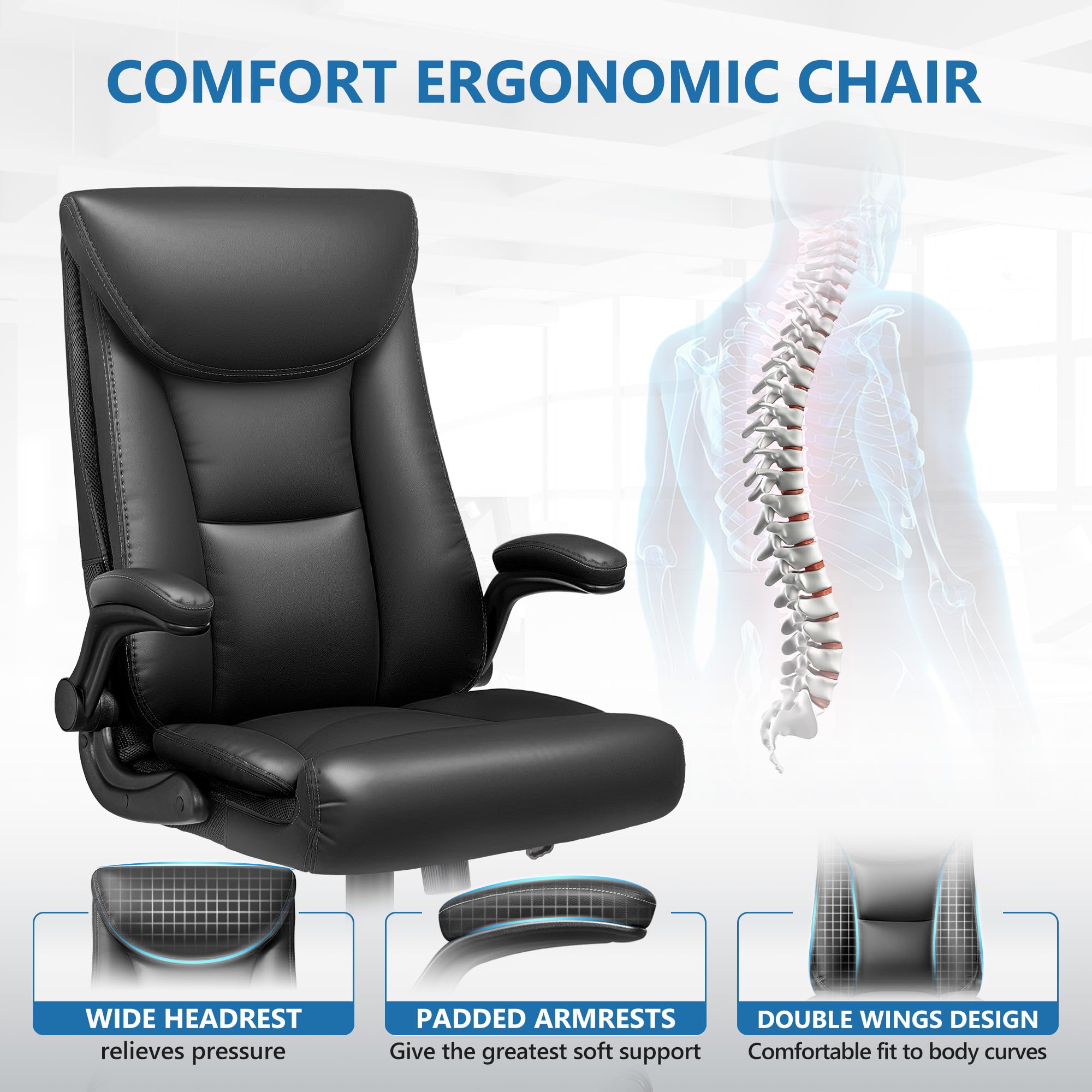 Premium Ergonomic Executive Office Chair - High Back Leather Desk Chair with Adjustable Flip-Up Arms, Lumbar Support & Rocking Function for Big & Tall Users (Black) - Perfect for Home Office, Gaming & Professional Workspaces