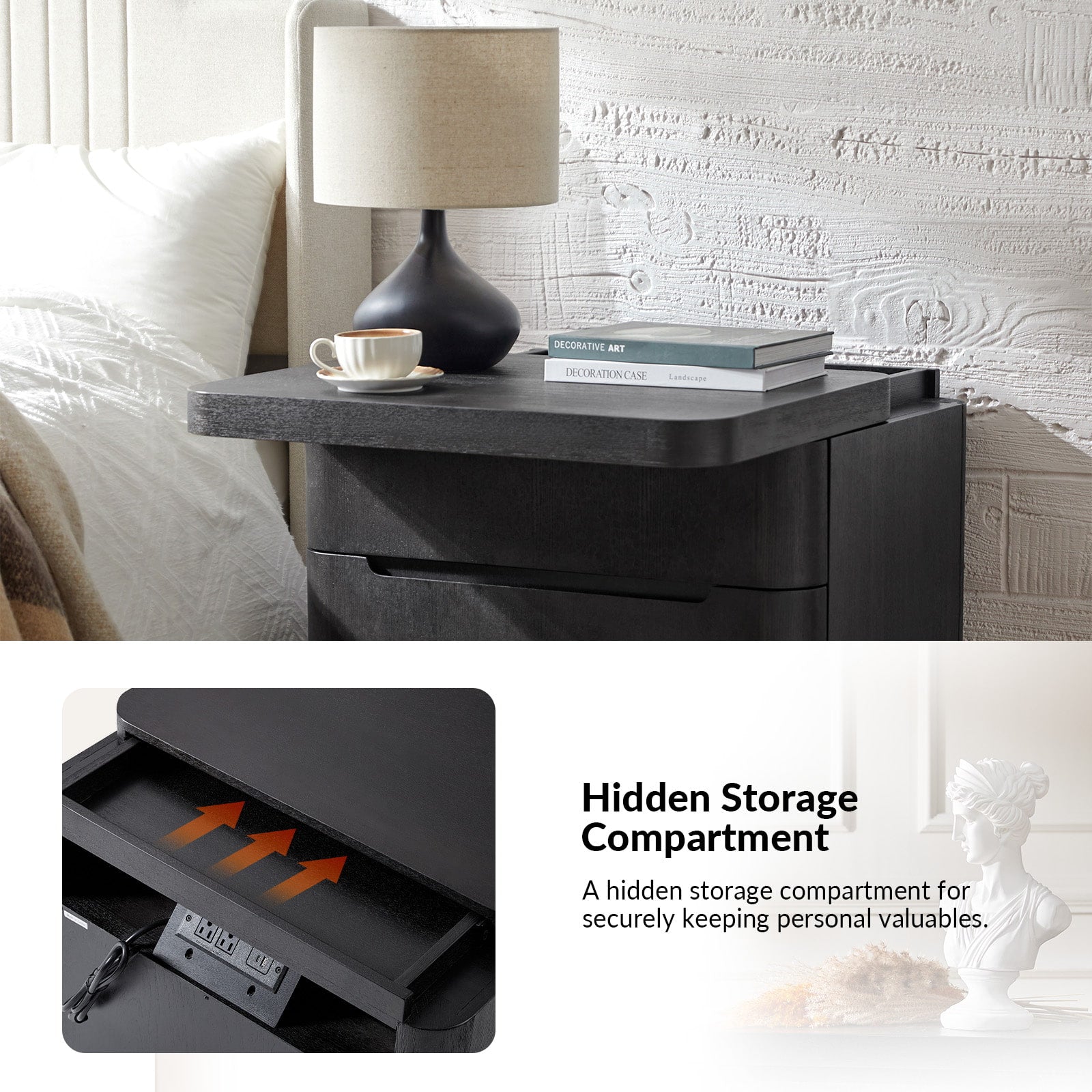 Yolanda Large 3 Drawer Nightstand with Hidden Storage - Modern Bedside Table with Optional Styles - Perfect for Bedroom, Guest Room, or Small Space Organization