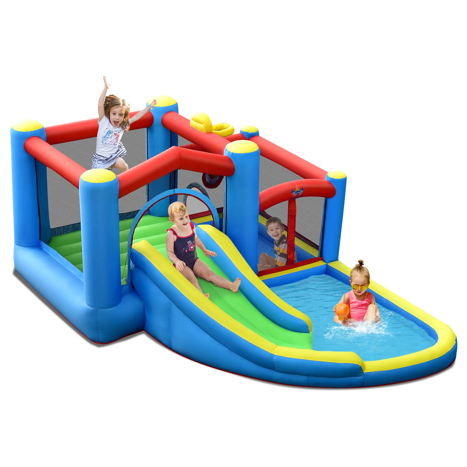 HONEY JOY 6-in-1 Inflatable Water Slide & Bounce House for Kids & Adults - Giant Blow Up Water Park with Target Ball, Climbing Wall - Outdoor Backyard Summer Party Water Slides (Blower Not Included) | Perfect for Birthday Parties, Family Gatherings & Summer Fun