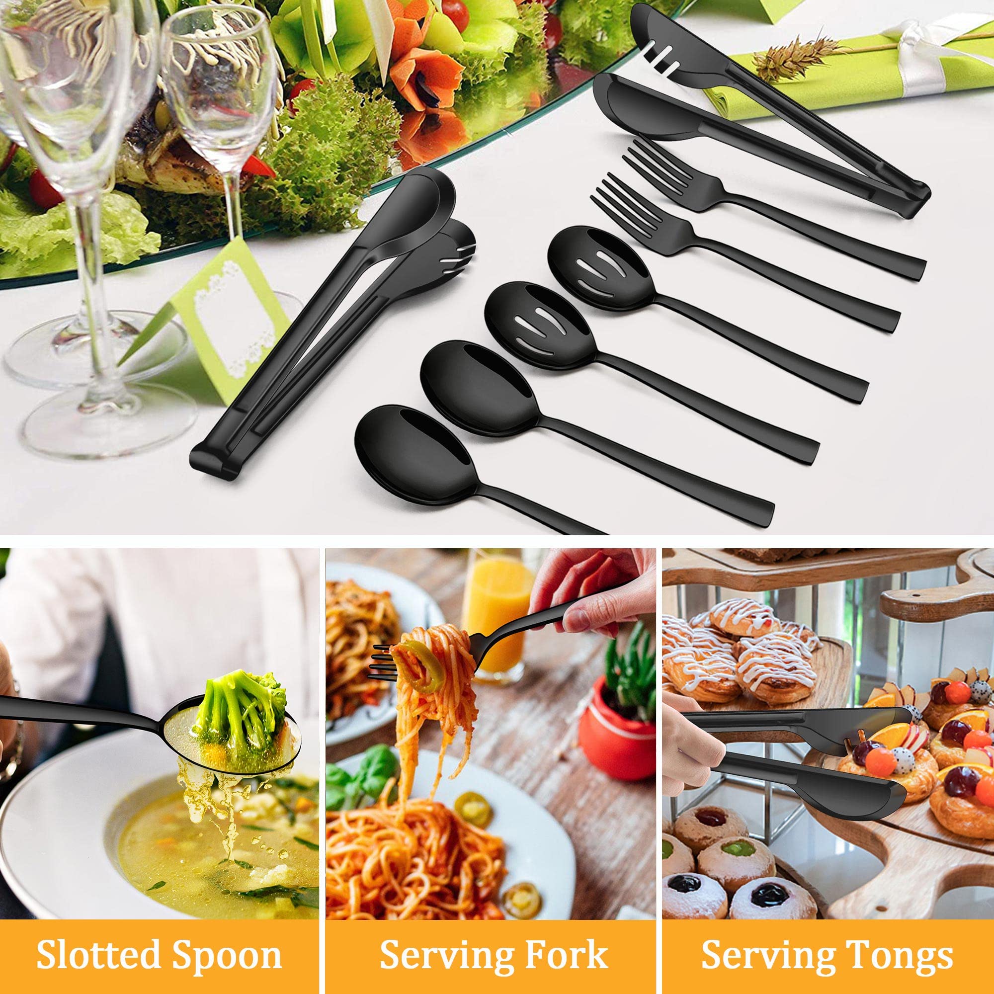 LIANYU 8-Piece Stainless Steel Serving Utensil Set - Includes Serving Spoons, Slotted Spoons, Forks & Tongs - Mirror Finish, Dishwasher Safe - Perfect for Buffet, Party, Banquet & Entertaining