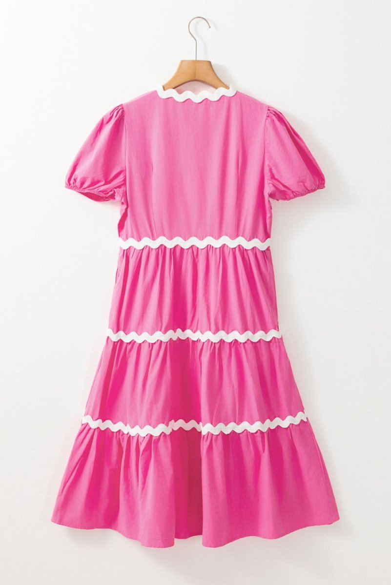 Bonbon Ric Rac Trim Short Puff Sleeve Flowy Midi Dress - Elegant Summer Dress for Women, Perfect for Beach Vacations, Garden Parties & Date Nights