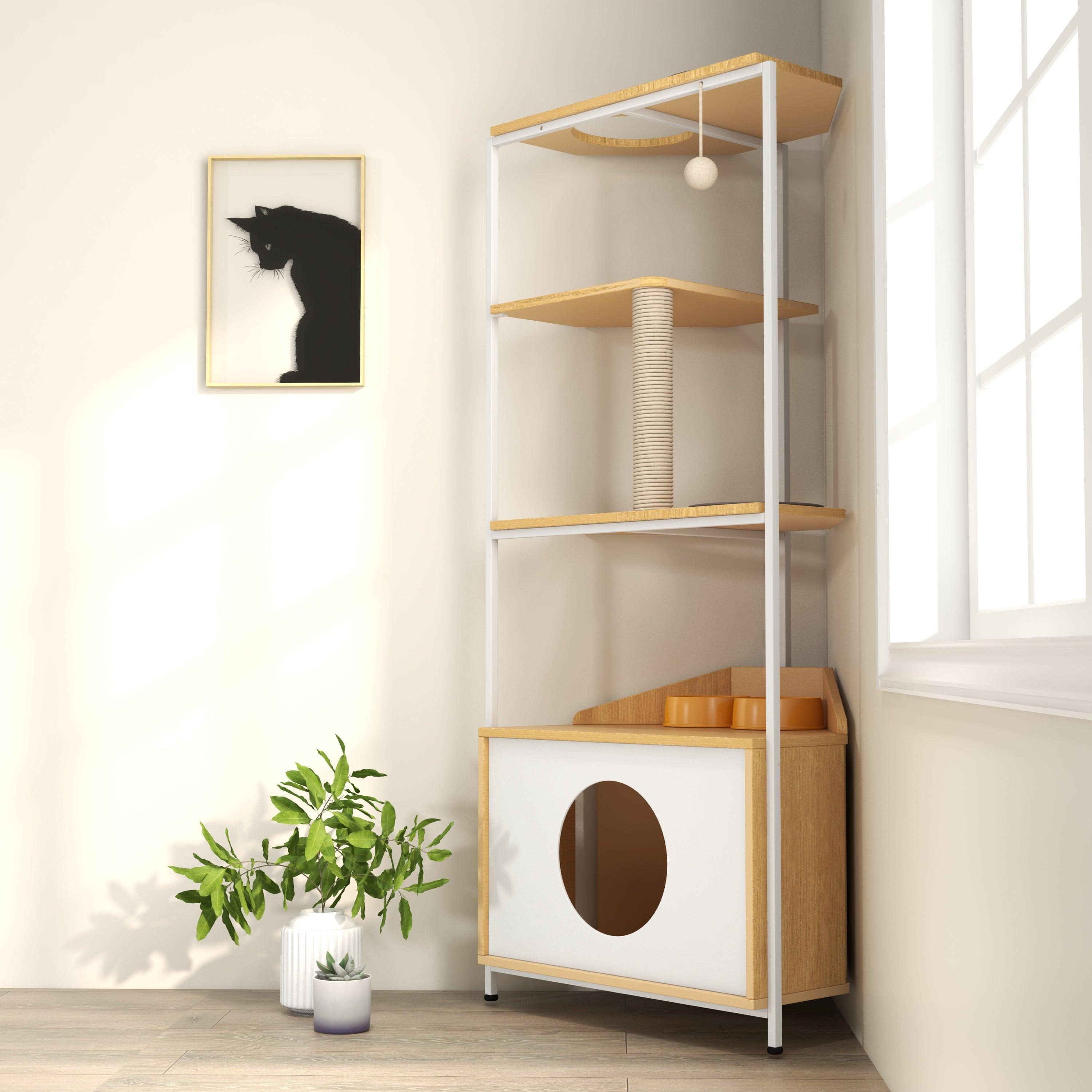 Premium Cat Tree with Scratching Post & Climbing Platforms - Multi-Level Cat Condo with Feeding Station - Sturdy Corner Cat Tower for Indoor Cats - Perfect for Play, Rest & Feeding in Small Spaces