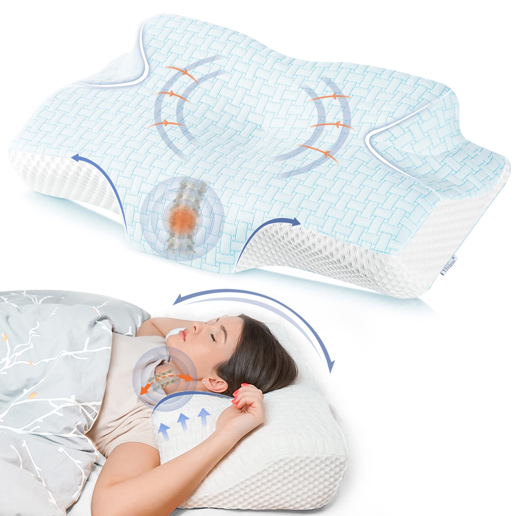 Elviros Memory Foam Cervical Pillow - Orthopedic Contour Pillow for Neck & Shoulder Pain Relief - Ergonomic Sleeping Pillow for Side, Back & Stomach Sleepers - Perfect for Home, Office & Travel (Blue, Small)
