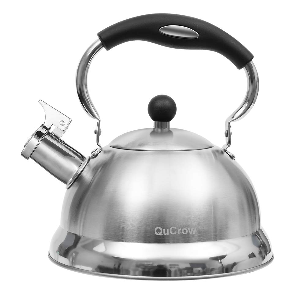 QuCrow 3 Quart Stainless Steel Whistling Tea Kettle with Heat-Proof Handle - Stovetop Safe Teapot for Gas & Electric Cooktops - Perfect for Home, Office & Camping Use