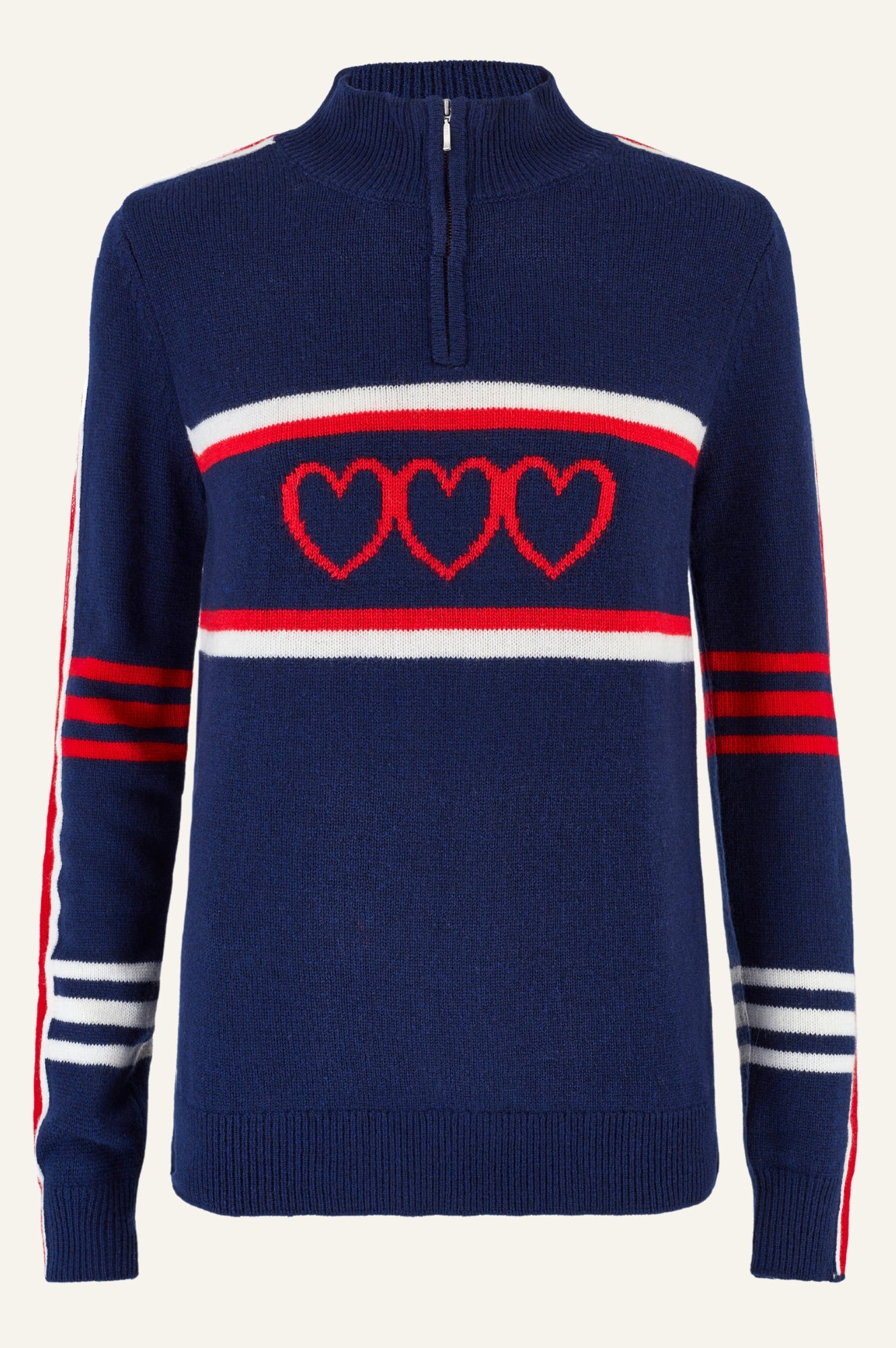 Merino Wool Striped Hearts Quarter Zip Sweater - Navy, Cream, Red | Cozy Winter Pullover for Women & Men | Perfect for Casual Outfits, Outdoor Activities & Layering