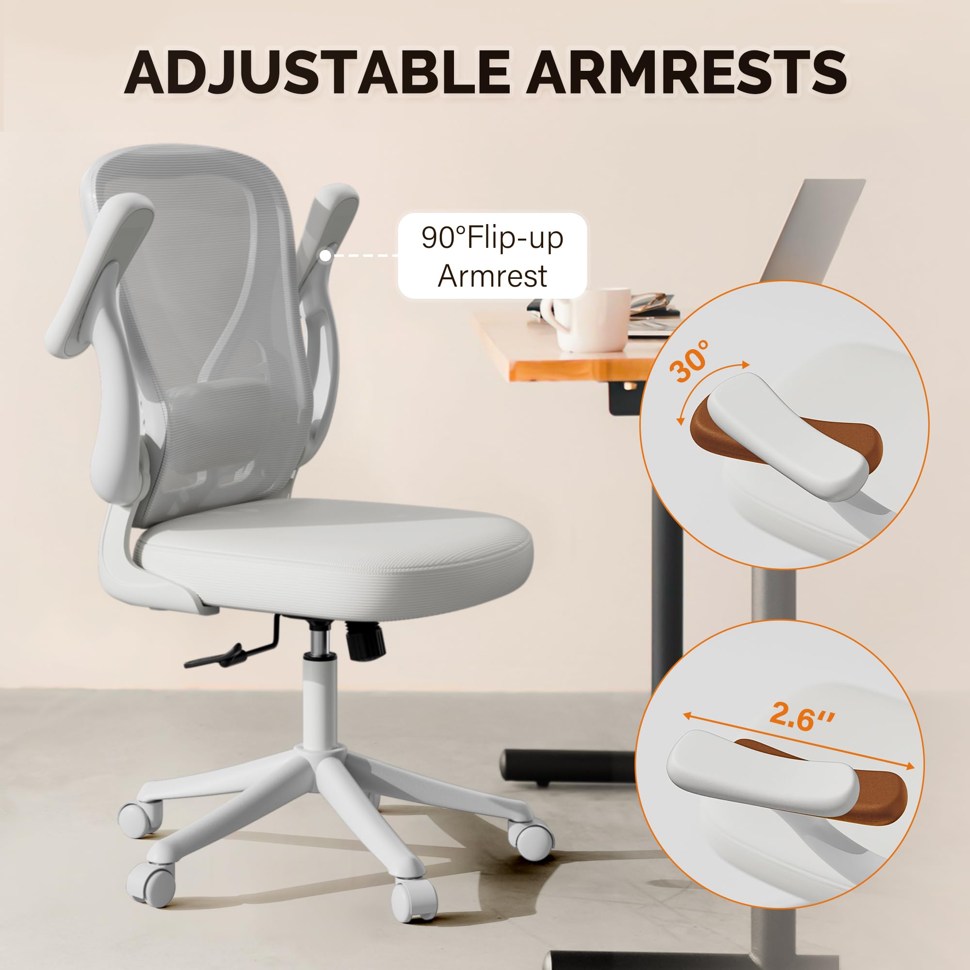 Ergonomic Mesh Office Chair with Wheels & Flip-Up Arms - Adjustable Lumbar Support Swivel Desk Chair for Home & Office - White - Perfect for Long Work Hours, Gaming & Study Sessions