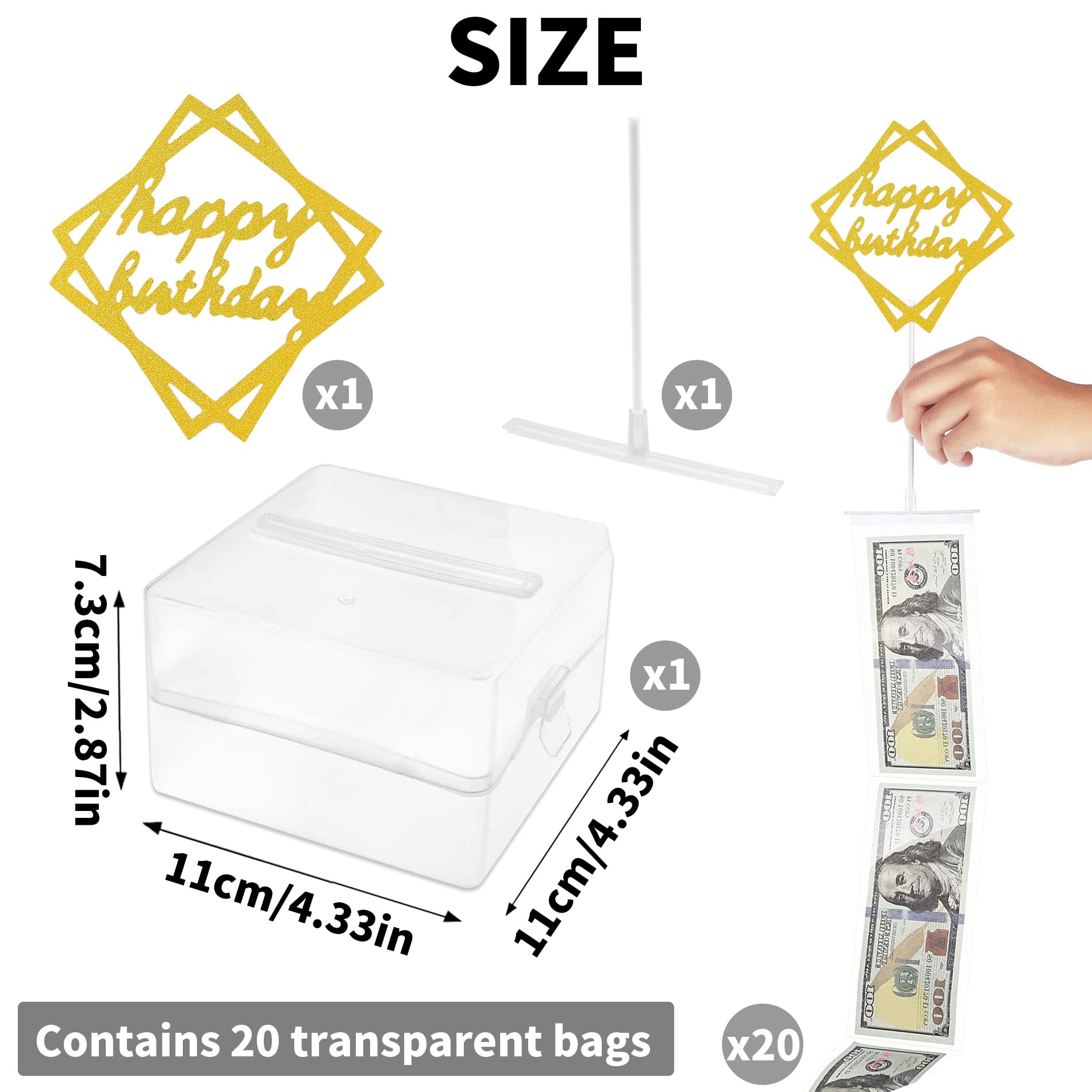 VAIIEYO Money Cake Box - Clear Pull Out Money Cake Kit with Gold Topper & 20 Transparent Bags for Birthday Party Decorations | Perfect for Surprise Cash Gifts, Graduation Celebrations & Special Occasion Cakes