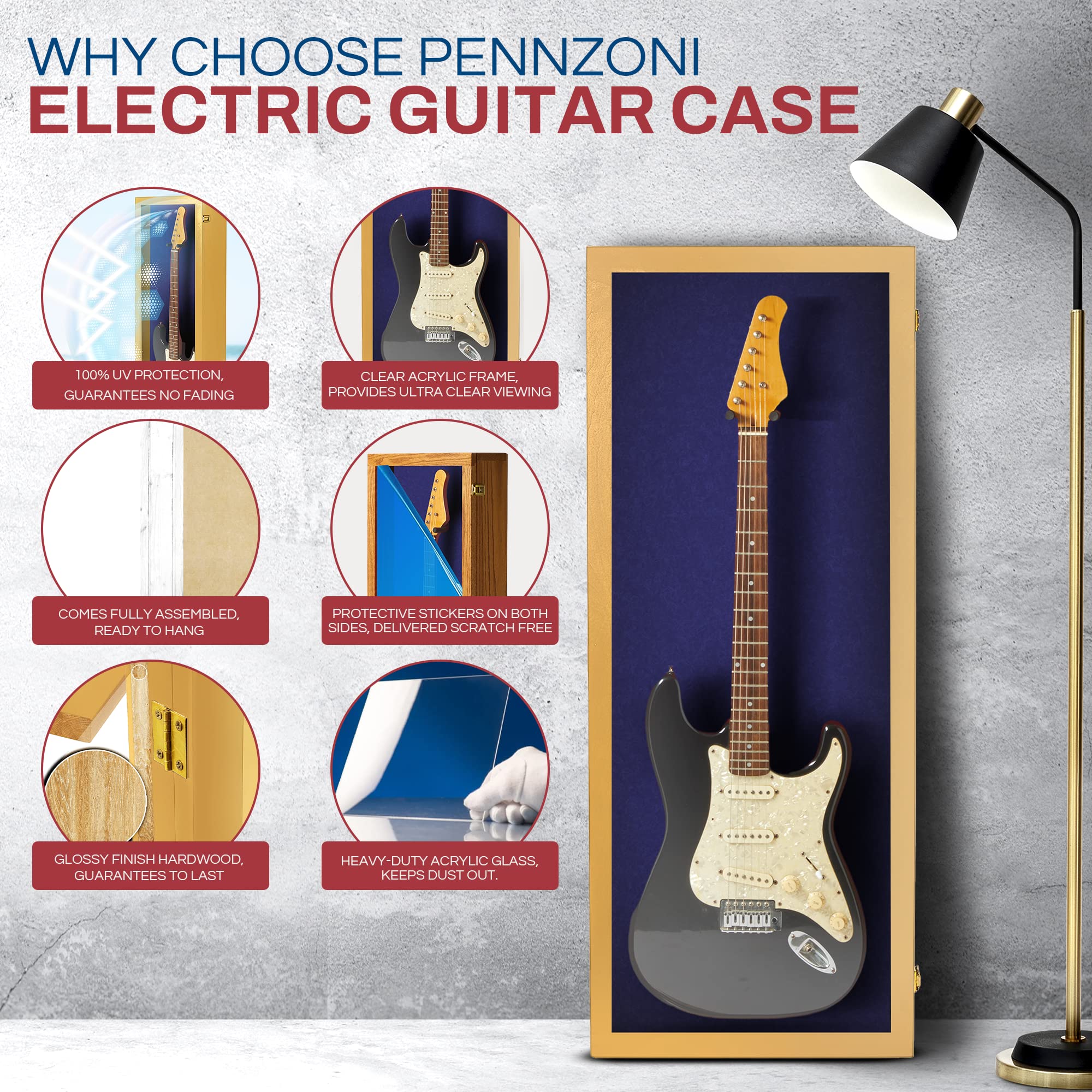 Premium Acrylic Electric Guitar Display Case with Hardwood Frame - Wall Mount Guitar Case in Golden Oak & Blue Felt - Perfect for Home, Studio & Music Store Displays