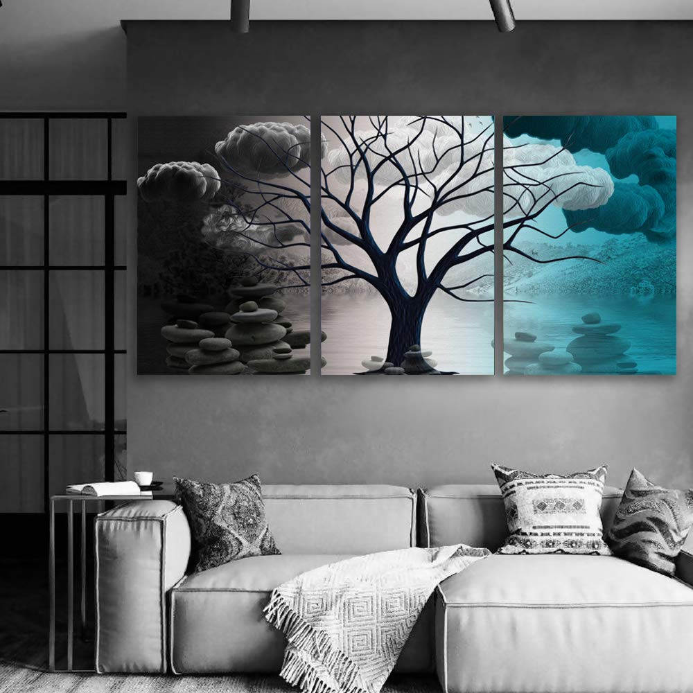 Abstract Cloud Tree Canvas Wall Art Set - 3 Panels Modern Oil Painting Print 24x36 Inch Framed Home Decor for Bedroom & Living Room - Perfect for Creating a Serene Atmosphere in Your Space