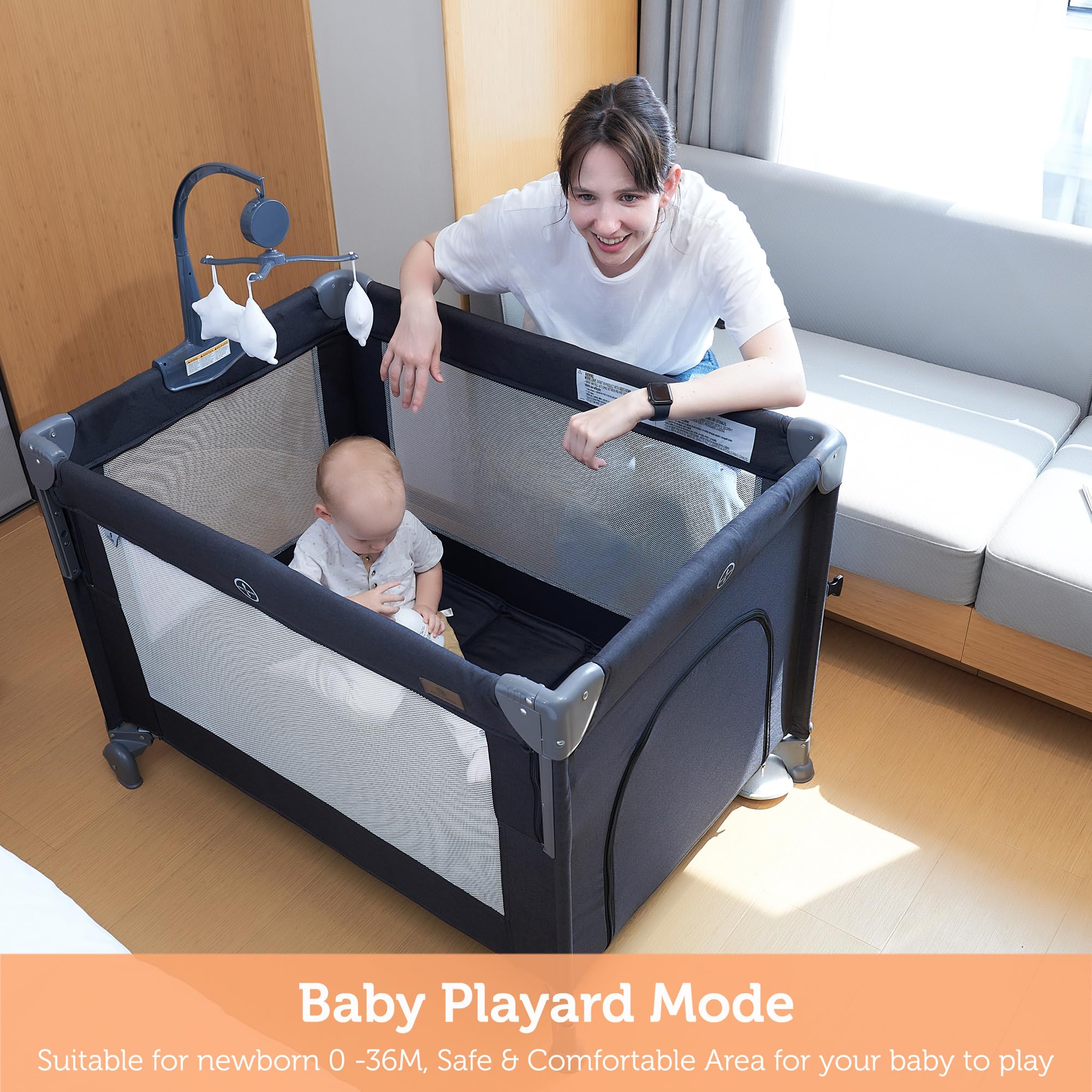 5 in 1 Baby Bedside Sleeper & Playard with Bassinet, Mattress & Storage - Portable Crib for Newborn to Toddler (Dark Grey/Light Gray) - Perfect for Nursery, Bedroom & Travel