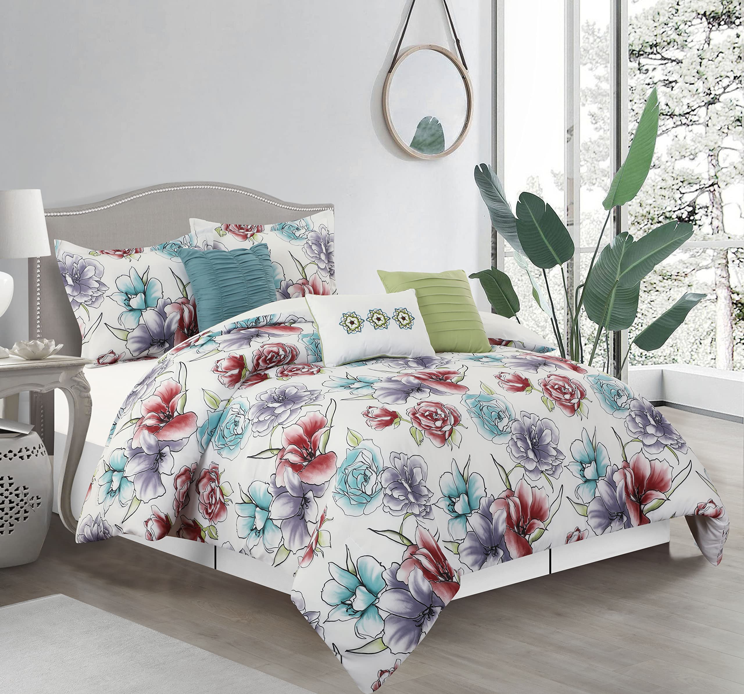 Queen Size White Floral Comforter Set - 7 Piece Microfiber Bedding Collection with Comforter, Pillow Shams, and Bed Skirt | Soft & Breathable for All Seasons | Perfect for Master Bedroom, Guest Room, and Vacation Homes