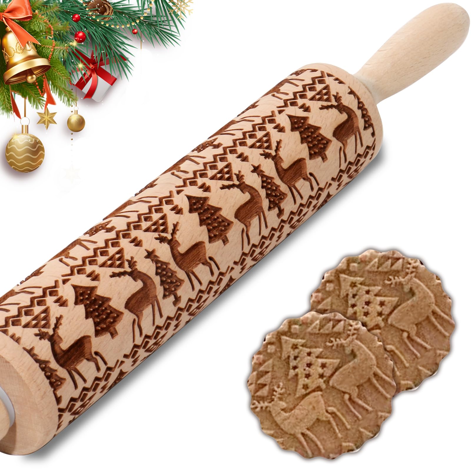 Christmas Embossed Rolling Pin for Baking Cookies - Wooden Engraved Springerle Roller with Reindeer & Tree Design - Perfect for Holiday Cookies, Clay Pottery, and DIY Ceramic Crafts - Great Gift for Bakers and Women