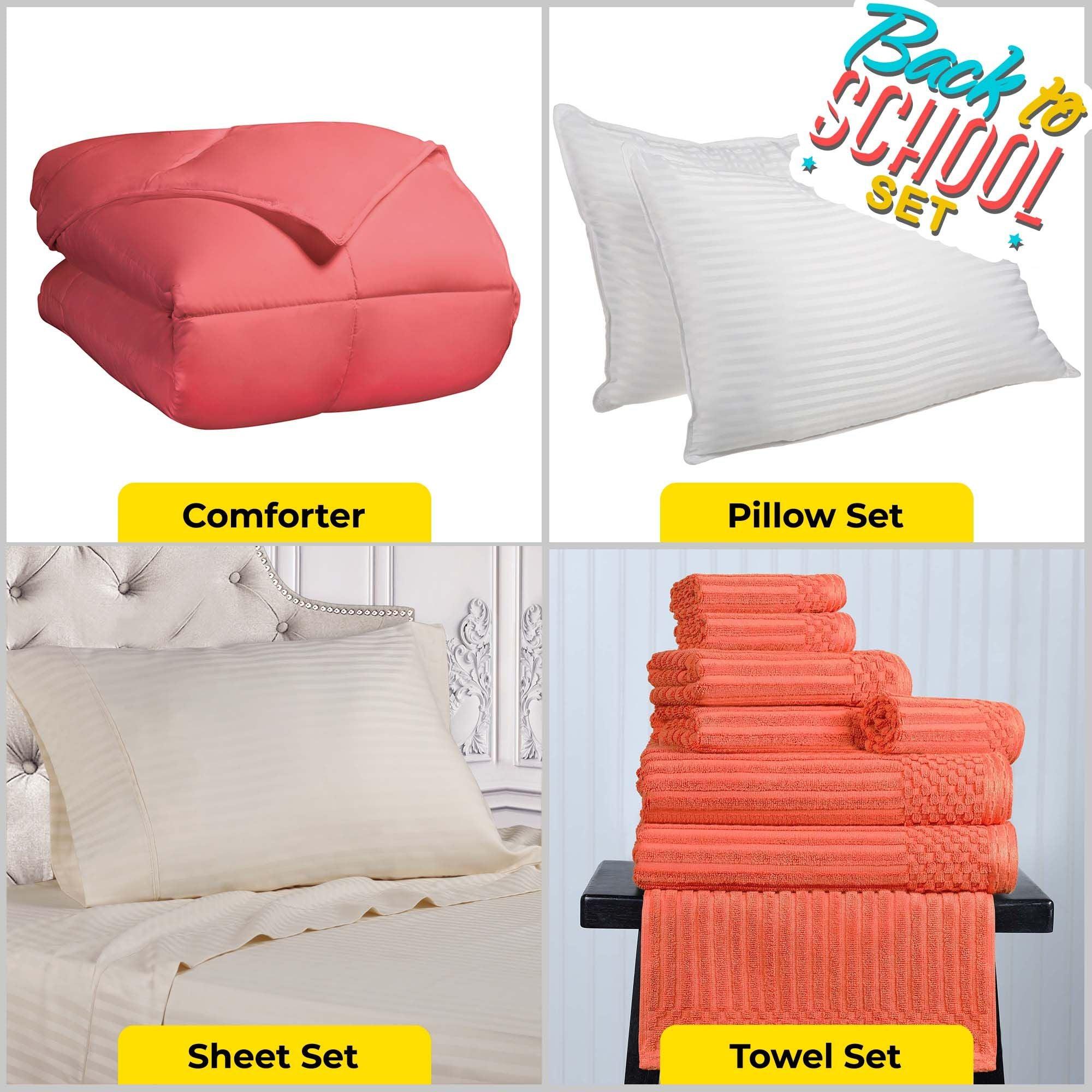 Back to School Essentials Kit - Twin/Twin XL Dorm Bedding Set in Coral | Complete College Dorm Room Bundle for Students