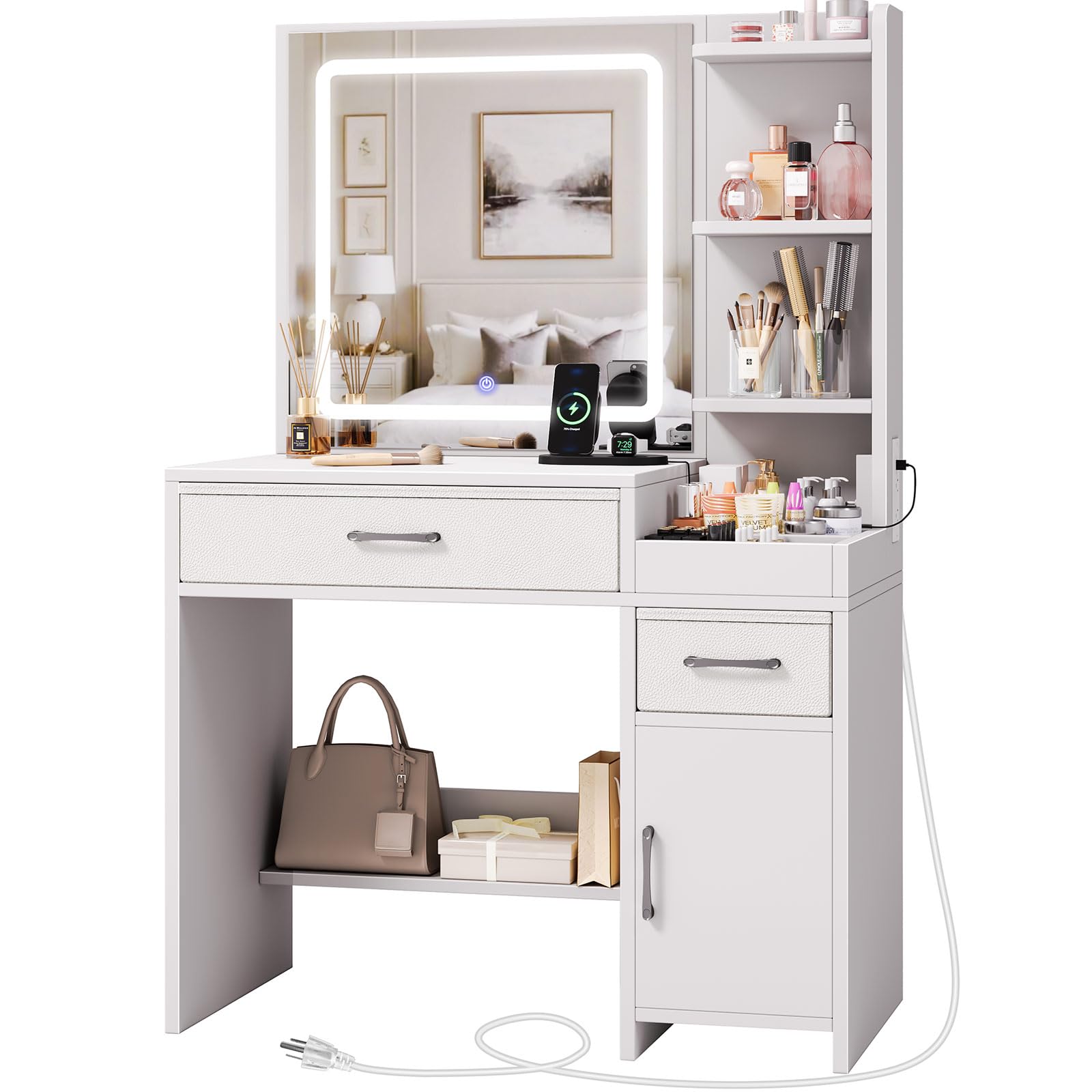 GREENSTELL White Vanity Makeup Desk with LED Lights & Mirror - 32.6