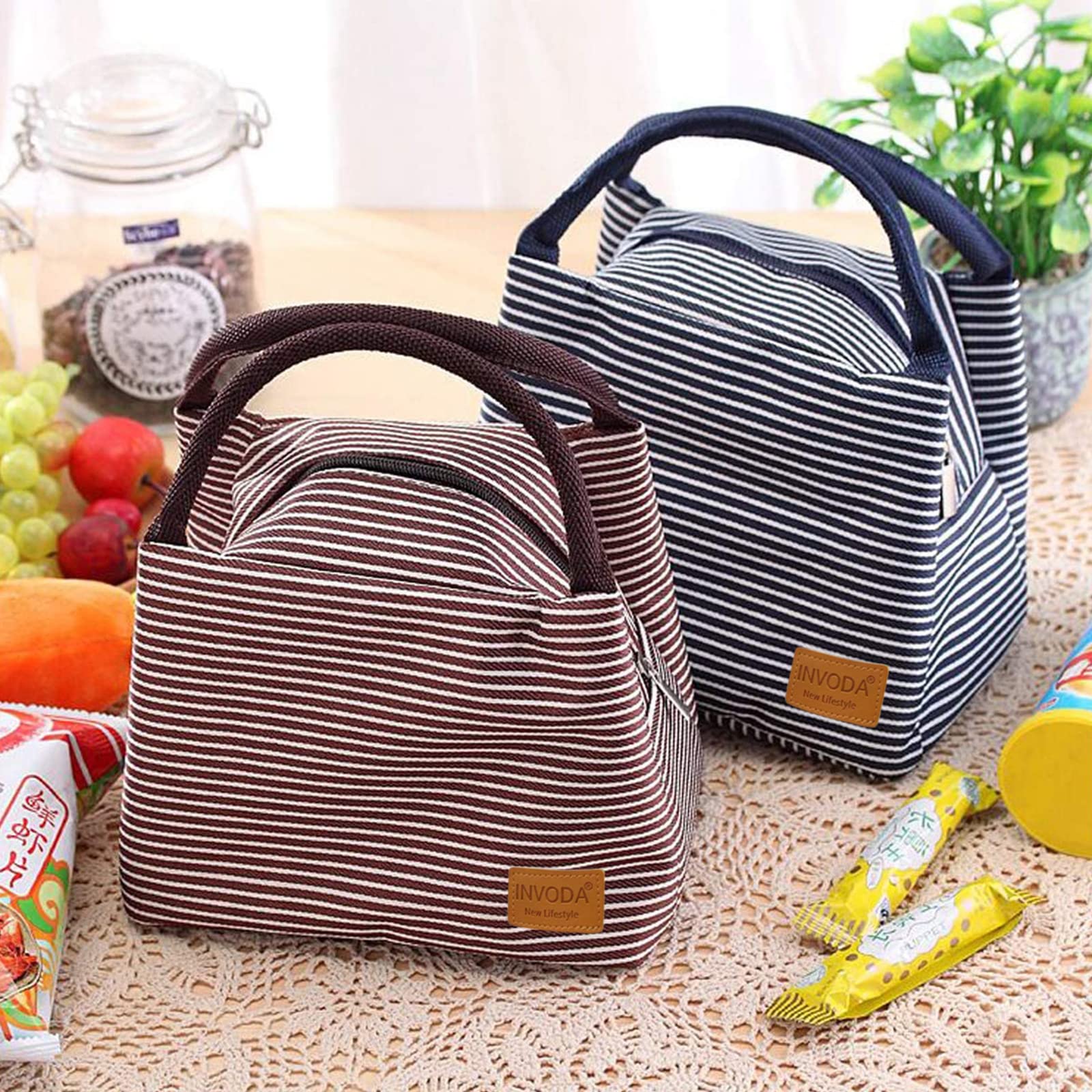 2PCS Insulated Lunch Bags - Reusable & Portable Cooler Tote for Office, School, Picnic & Beach - Leakproof Lunch Box Holder with Thermal Insulation (Blue + Brown) - Perfect for Work, Travel & Outdoor Activities