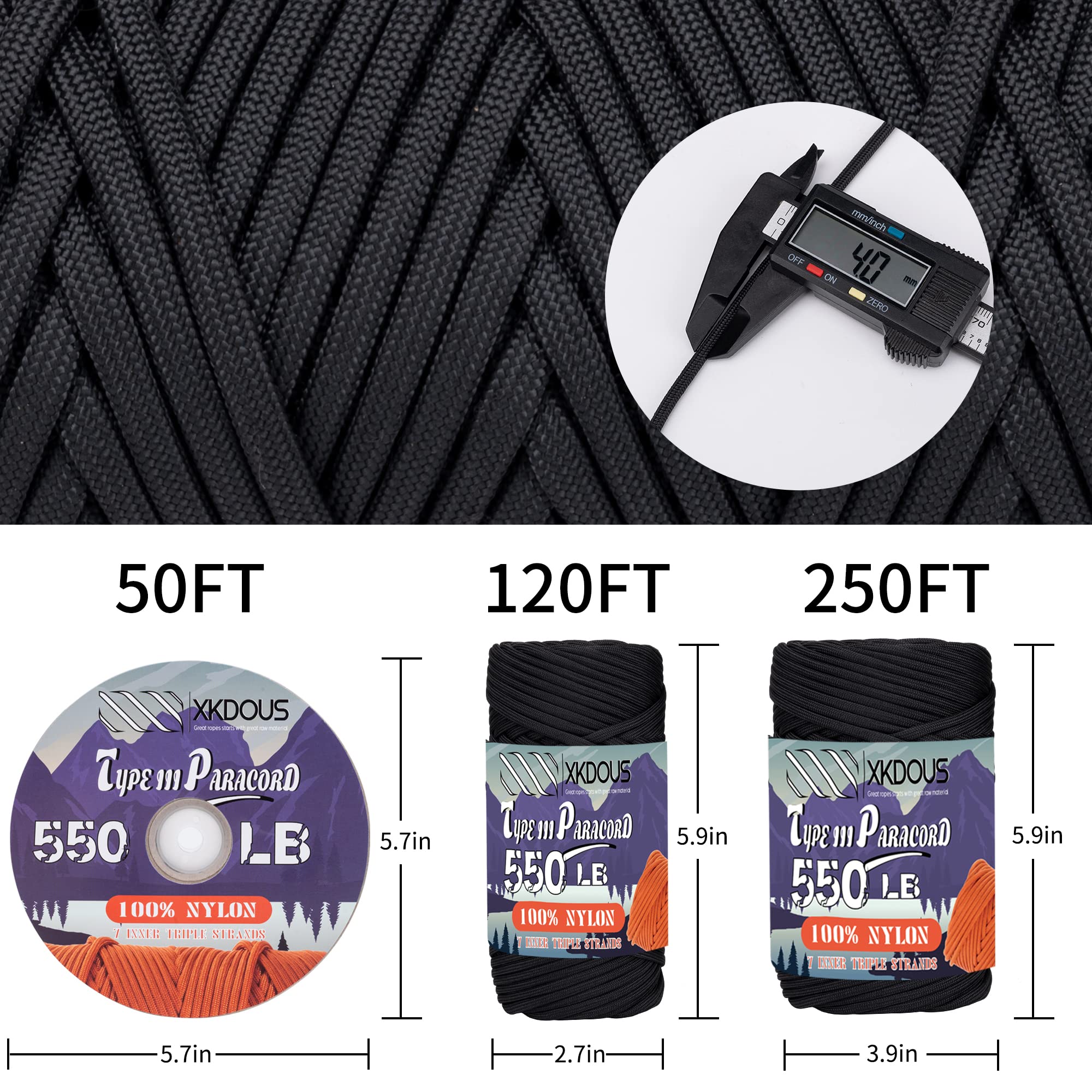 XKDOUS 550 Paracord 120ft - 7-Strand Tactical Rope for Survival, Camping & Hiking Gear