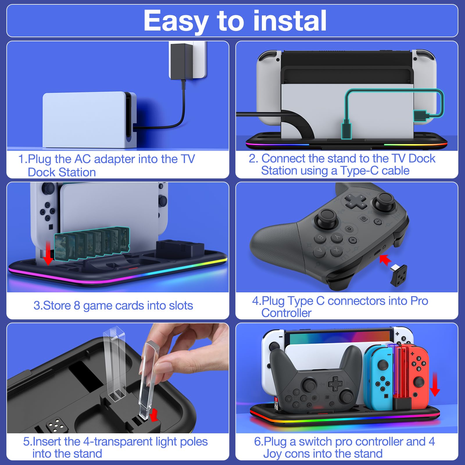 RGB Charging Dock for Nintendo Switch/Switch Lite/OLED - Fast Charging Stand with 8 Game Card Slots & Pro Controller/Joy-Con Holder | Perfect for Gaming Setup, Travel & Multiplayer Sessions
