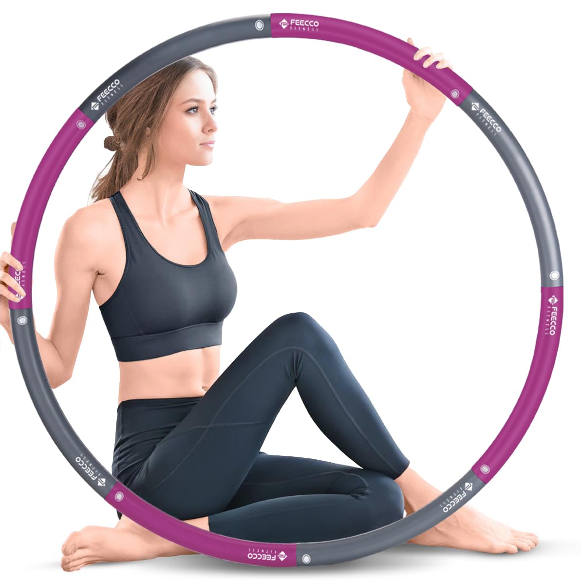 FEECCO Weighted Fitness Hoop for Adults - 8 Detachable Sections Adjustable Hula Hoop for Weight Loss & Core Workout - Perfect for Home Gym, Outdoor Exercise & Belly Fat Burning