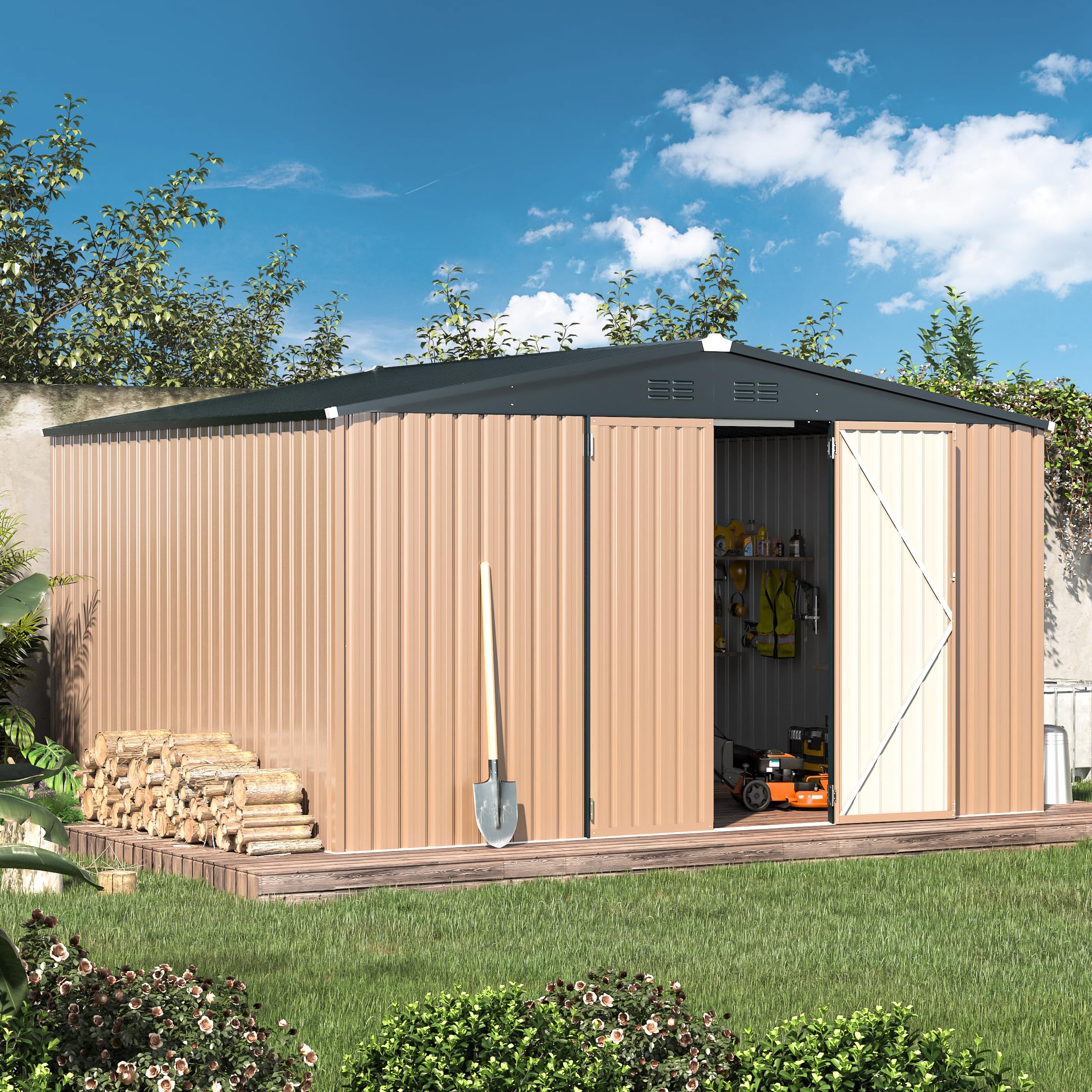 AECOJOY 12' x 10' Extra Large Metal Storage Shed - 116 Sq.Ft Steel Yard Shed with Lockable Doors | Heavy-Duty Utility & Tool Storage for Garden, Backyard, Patio | Perfect for Outdoor Equipment, Lawn Mowers, Bikes & Seasonal Items
