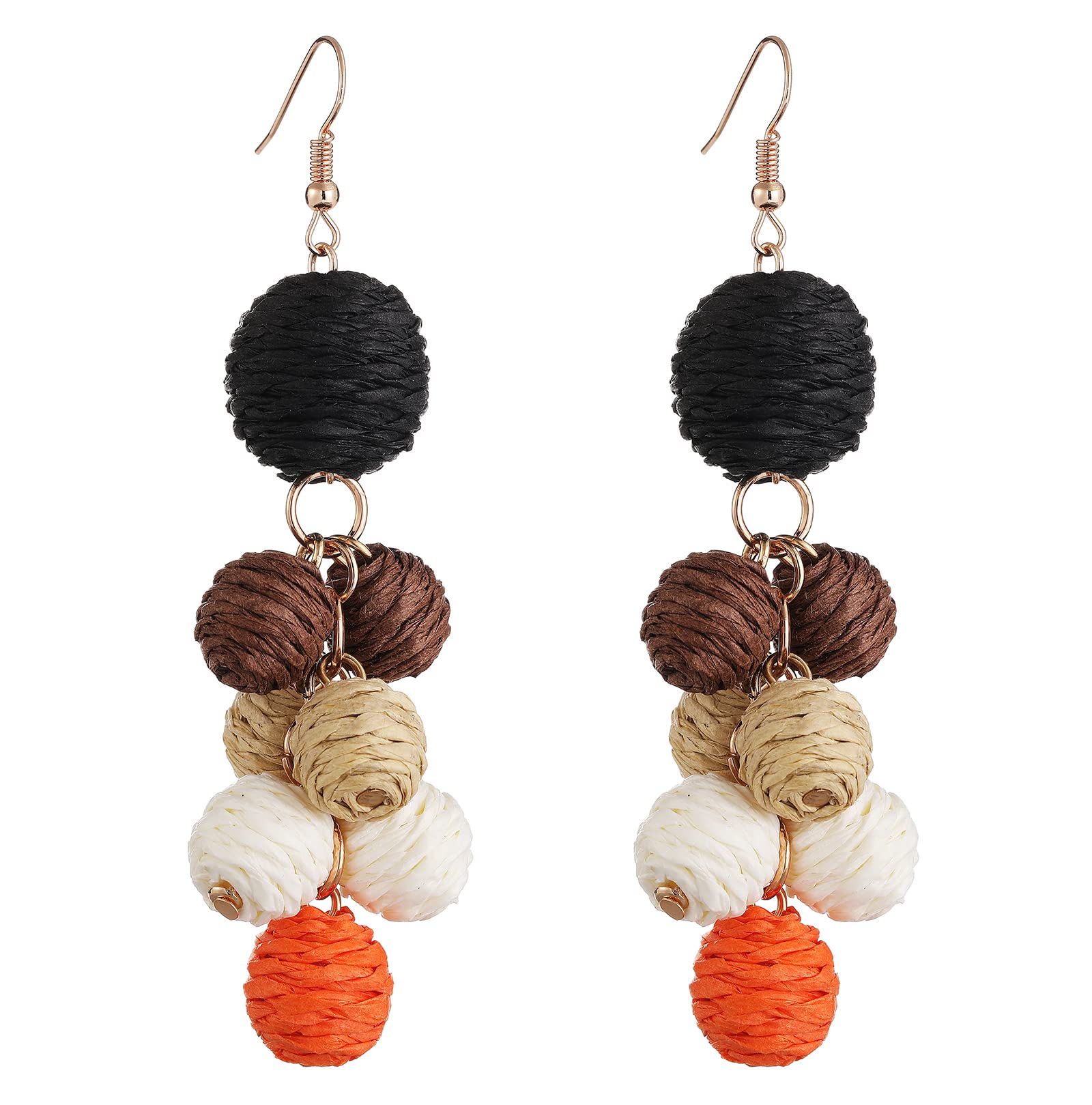 Boho Raffia Thread Balls Earrings - Handmade Straw Dangle Earrings for Women, Lightweight Long Drop Statement Jewelry for Summer Beach Party, Vacation, and Boho Fashion Outfits