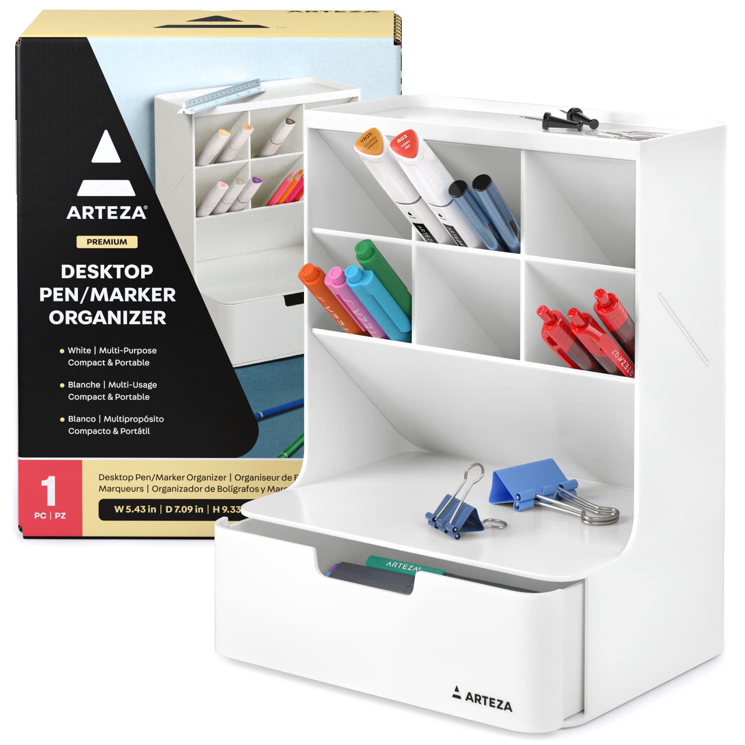 ARTEZA 6-Compartment White Pen Holder & Marker Organizer for Desk - Stationery & Makeup Storage Drawer - Perfect for Office, School, and Beauty Vanity Organization
