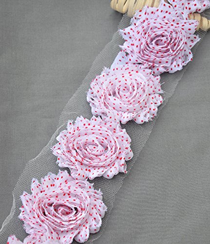14-Piece White & Red Polka Dot Shabby Rose Chiffon Trim - 1 Yard Floral Lace Ribbon for Headbands, DIY Crafts, Wedding Decor & Vintage Fashion Accessories