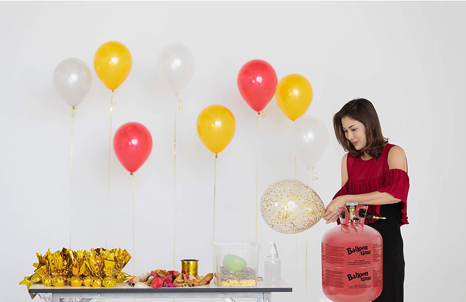 **Helium Tank Kit with 50 Latex Balloons, White Ribbon, 12 Balloon Weights & Tying Tool - Perfect for Birthday Parties, Weddings & Events**