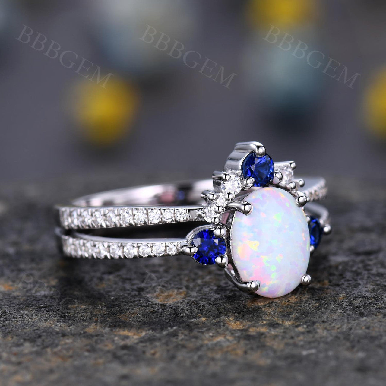 Antique Vintage Style Sapphire Opal Bridal Ring Set with Diamond Accents - Matching Wedding Band & Engagement Ring for Women - Perfect for Bridal Jewelry, Anniversary Gifts & Special Occasions