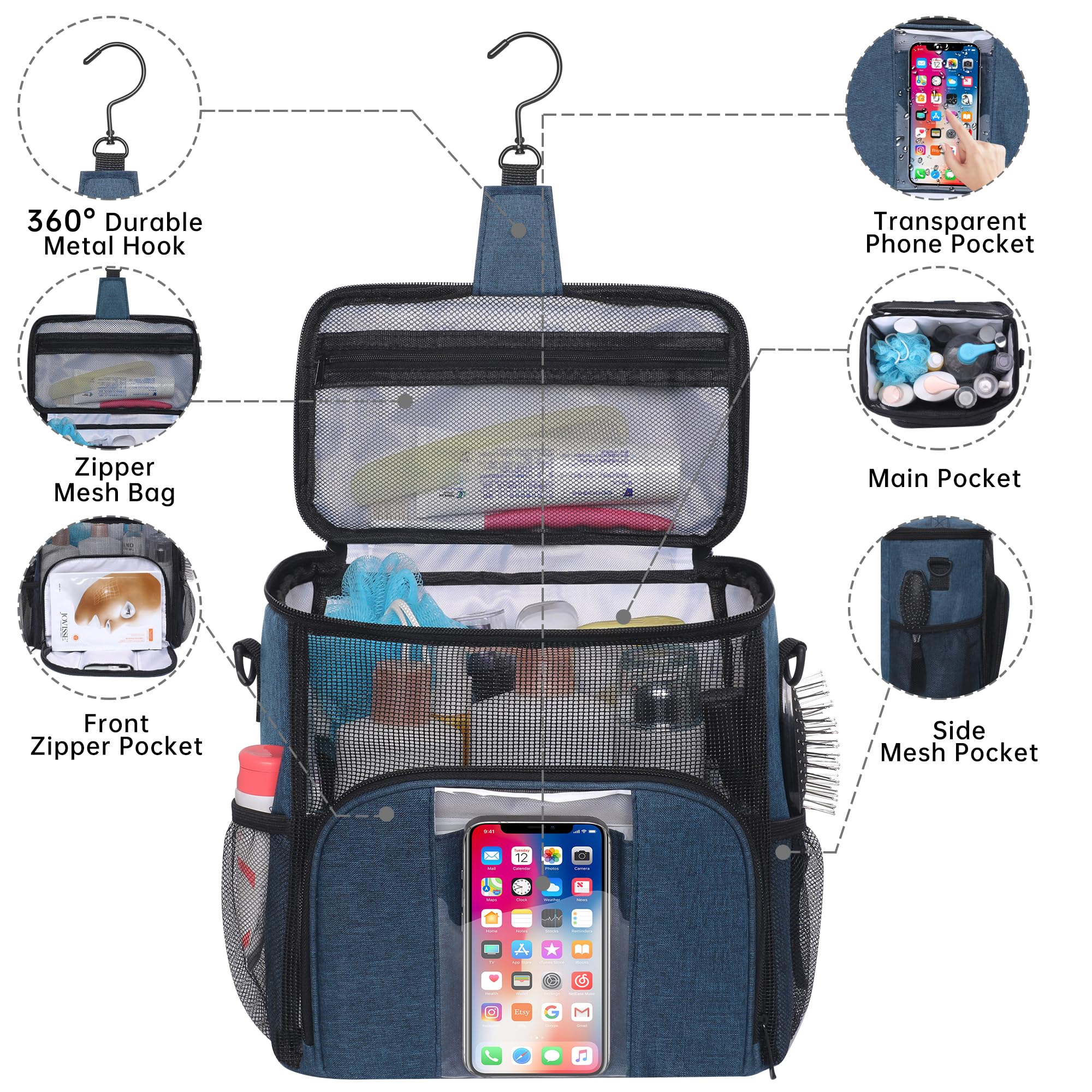 VOCUS Portable Shower Caddy & Travel Toiletry Organizer Bag with Hanging Hook - Water-resistant Shaving Bag for Men & Women - Perfect for College, Gym, Camping & Travel Accessories Storage