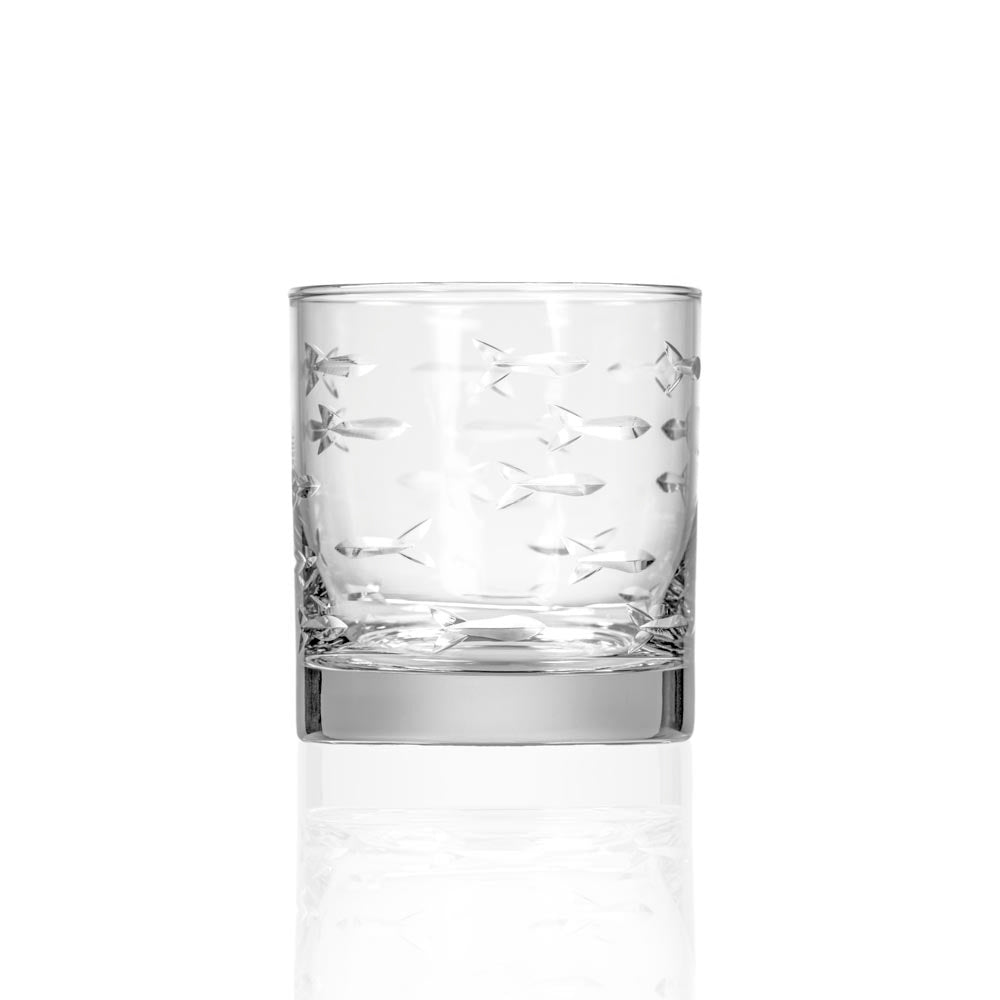 Premium 10oz Whiskey Glasses Set of 2 - School of Fish Design Rocks Glass for Bourbon, Scotch & Cocktails - Perfect for Home Bar, Gifts & Entertaining