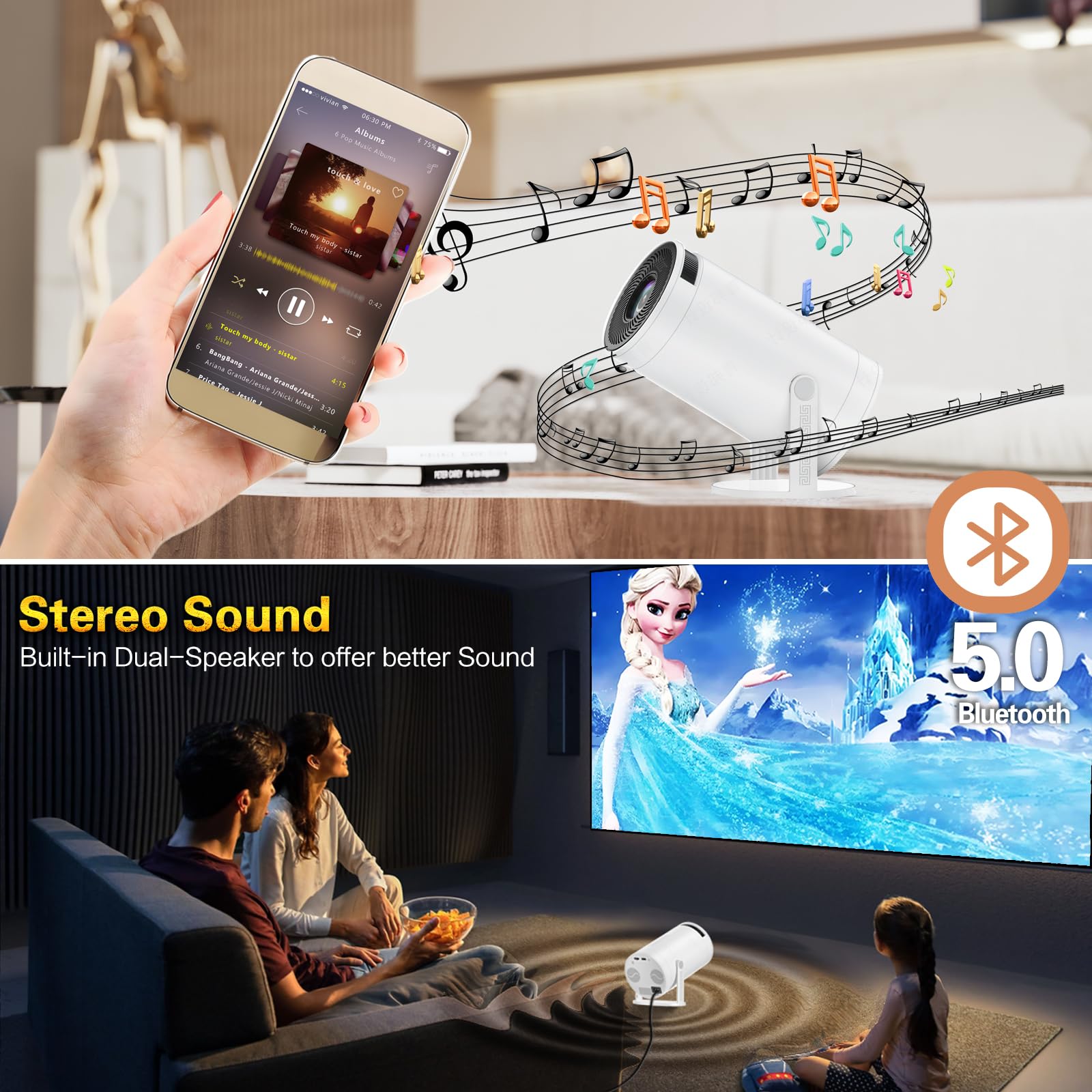 CWOWDEFU 1080P Full HD Smart WiFi Bluetooth Projector - 4K Decoding Support for Home Theater, Movie Nights & Gaming | Compatible with TV Stick, Phone Casting, HDMI & USB