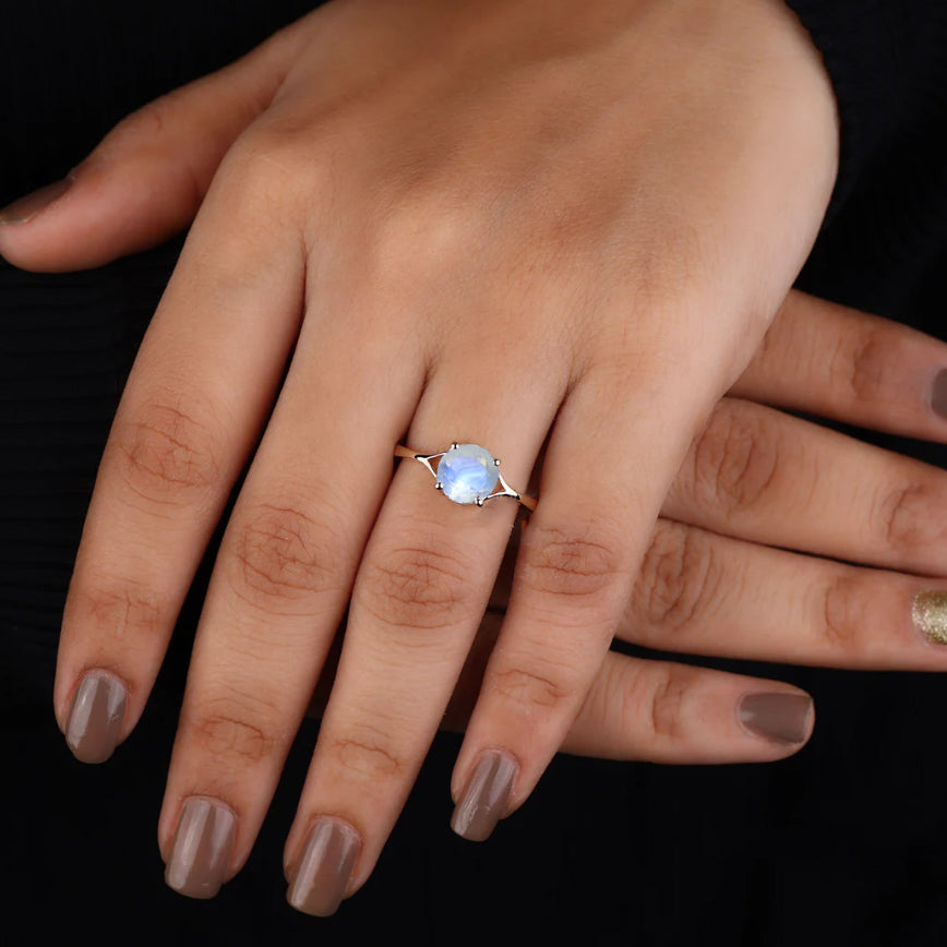 Natural Moonstone Round Faceted Gemstone Statement Ring for Women – Elegant Boho Jewelry for Parties, Weddings & Everyday Wear