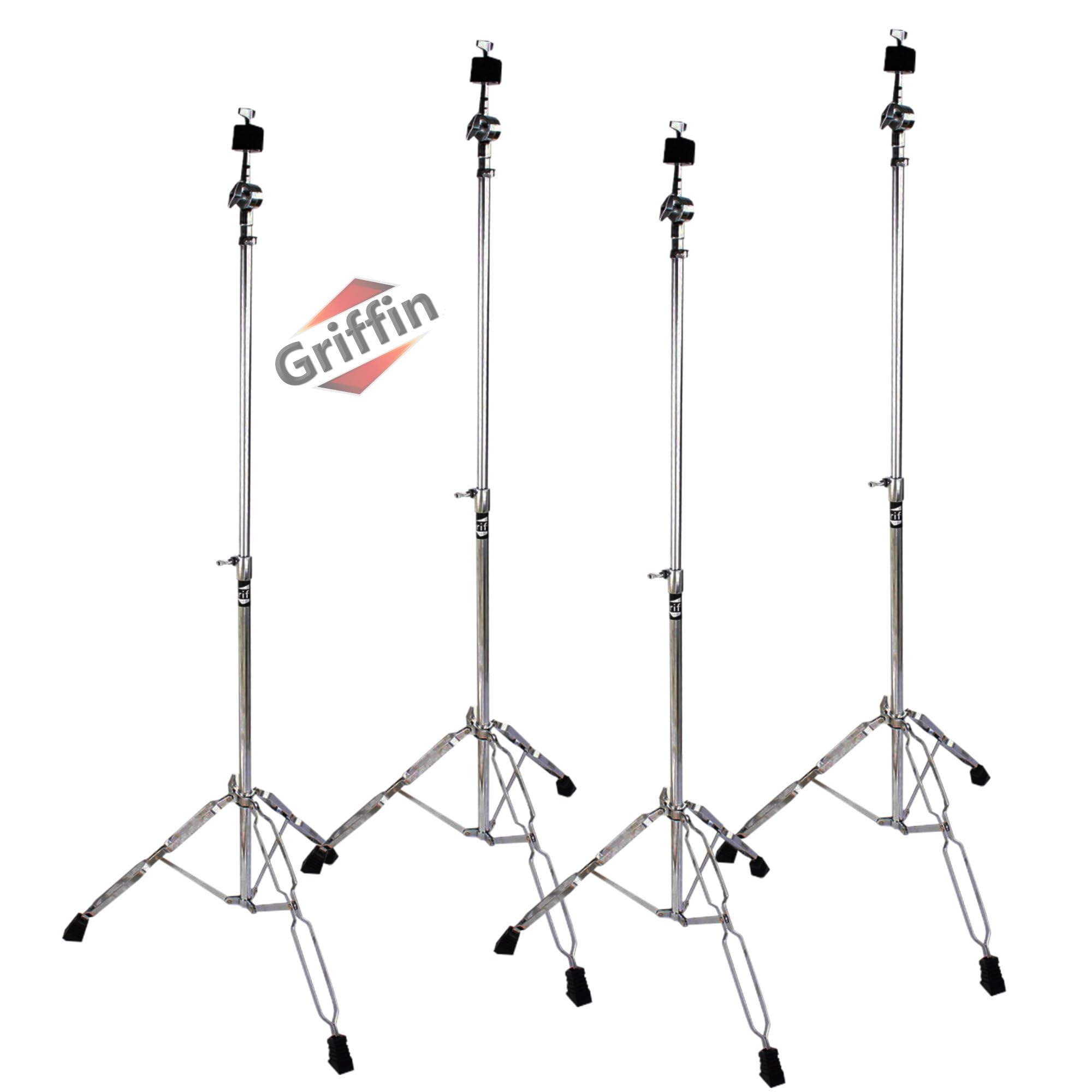 Griffin 4-Pack Heavy Duty Double Braced Cymbal Stand Set with Slip-Proof Gear Holder - Chrome Drum Hardware Kit for Crash & Splash Cymbals | Perfect for Mobile Drummers, Live Performances & Studio Recording